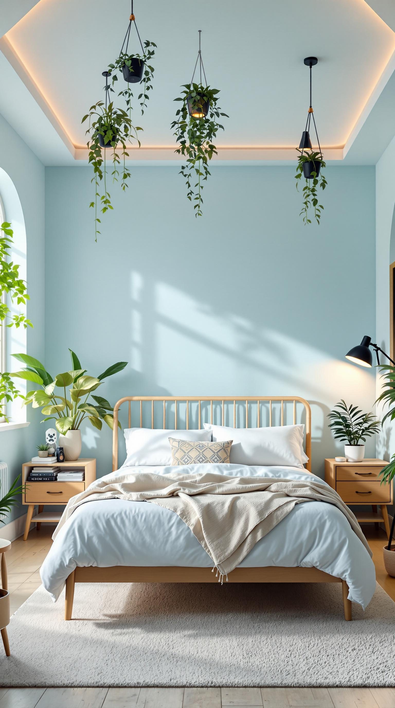 A chic light blue boho bedroom featuring hanging plants and modern decor.