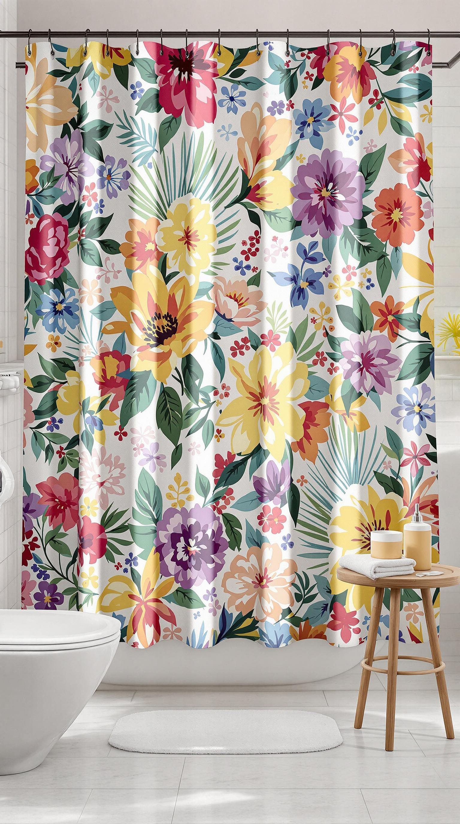 A colorful floral shower curtain with various flowers in shades of pink, yellow, purple, and green, hanging in a bathroom setting.