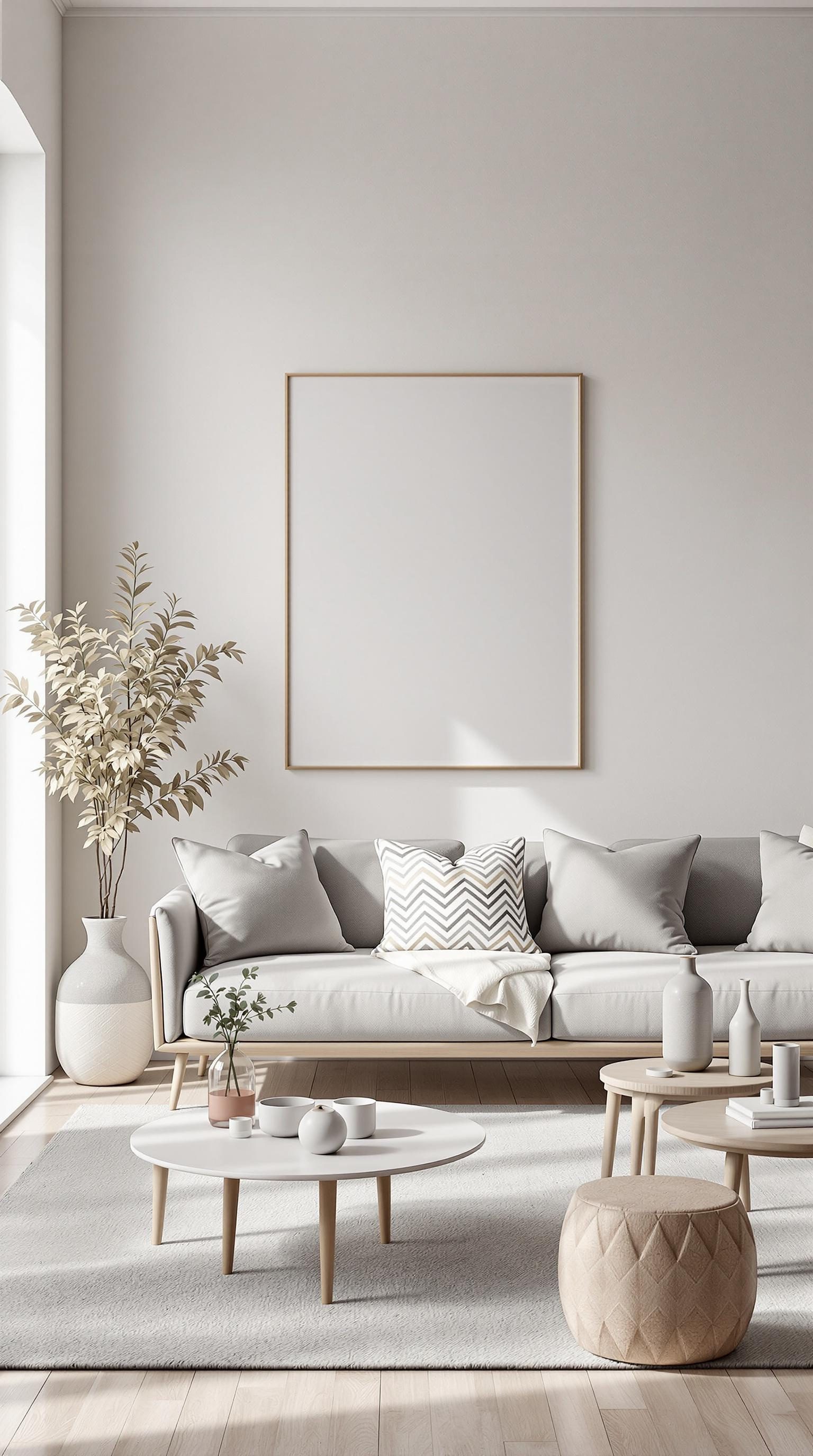 Minimalist living room with a grey couch, light wood flooring, and decorative accents.