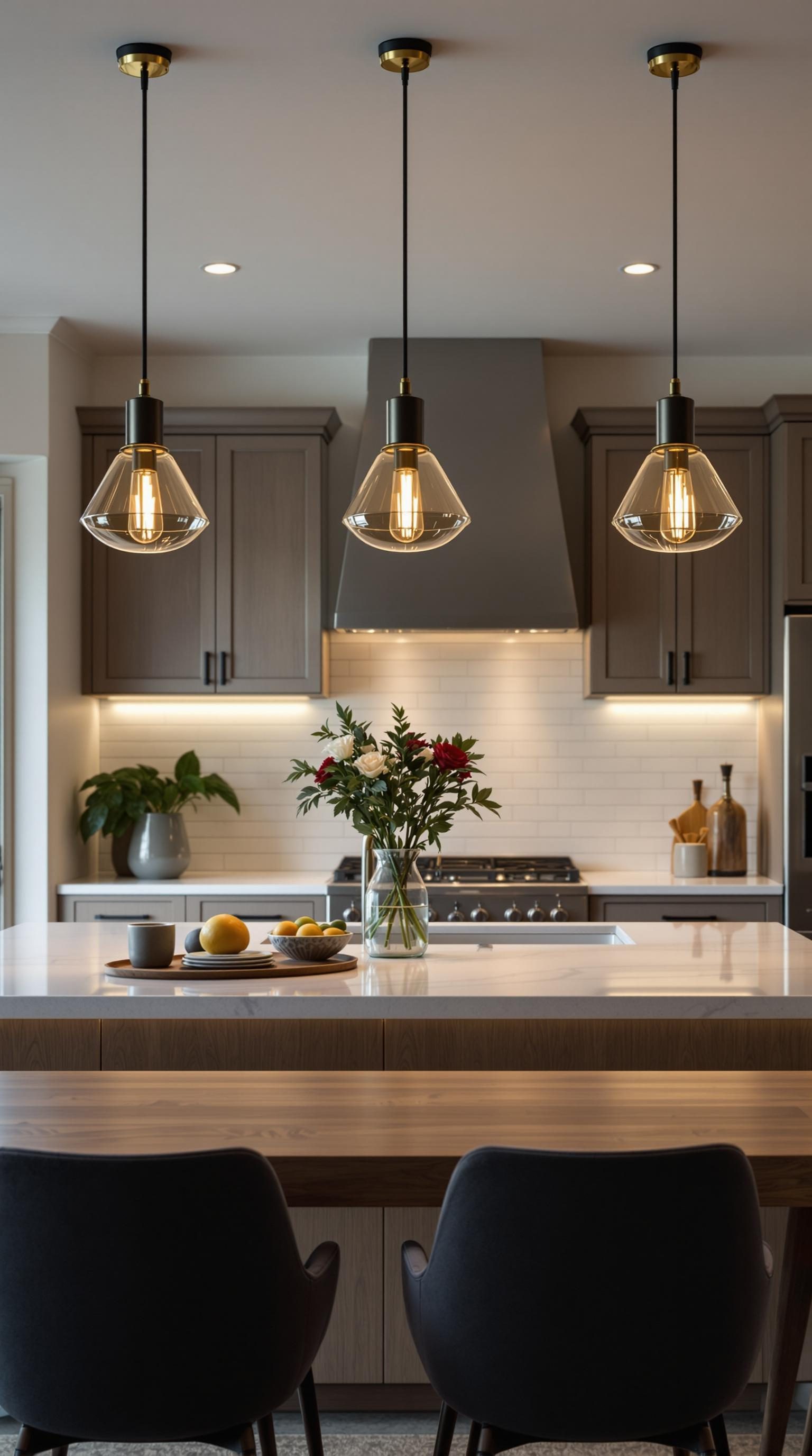 Chic pendant lighting over a modern kitchen island with floral arrangement and fruit bowl