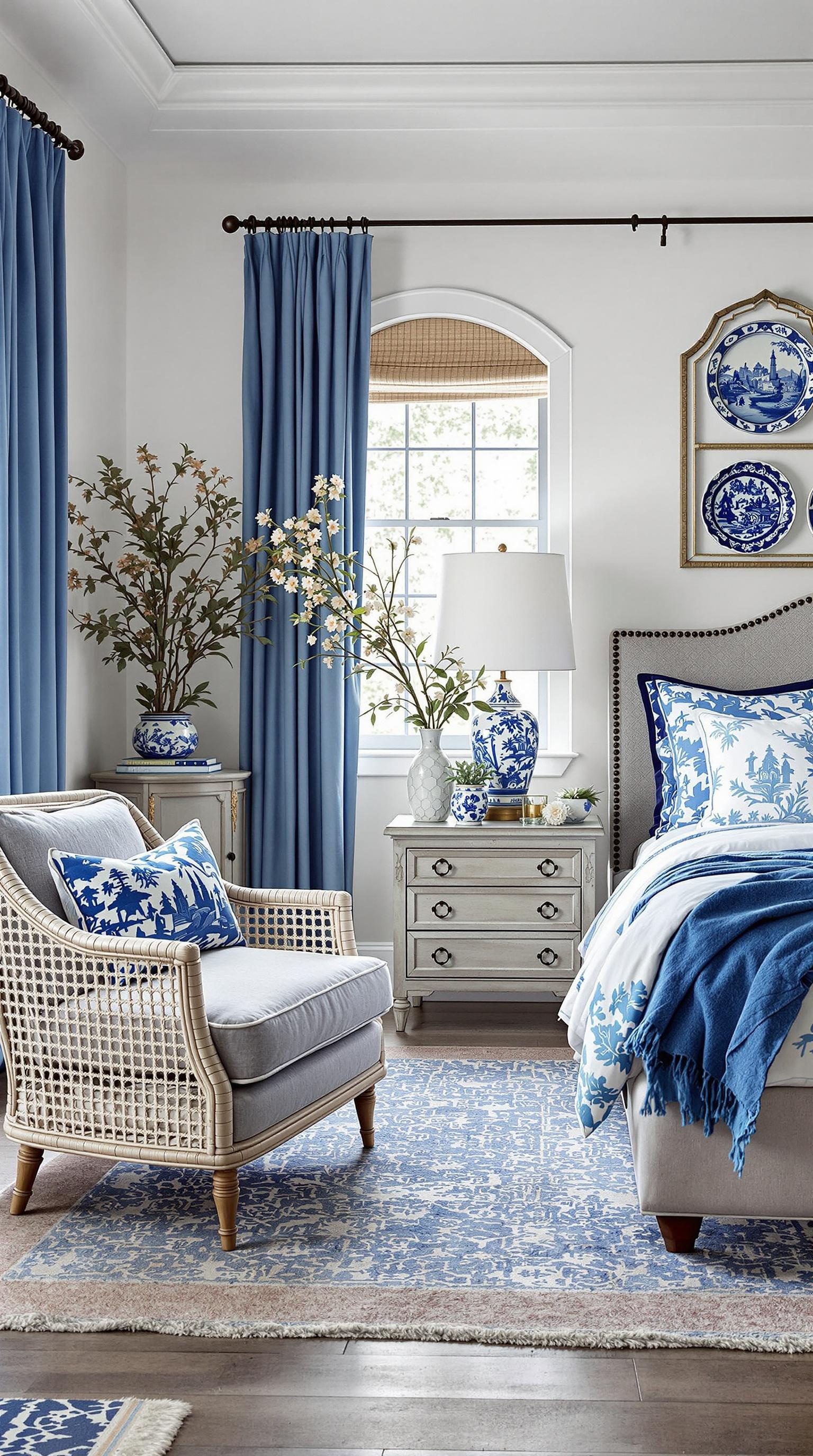 A coastal preppy bedroom featuring blue and white porcelain decor.