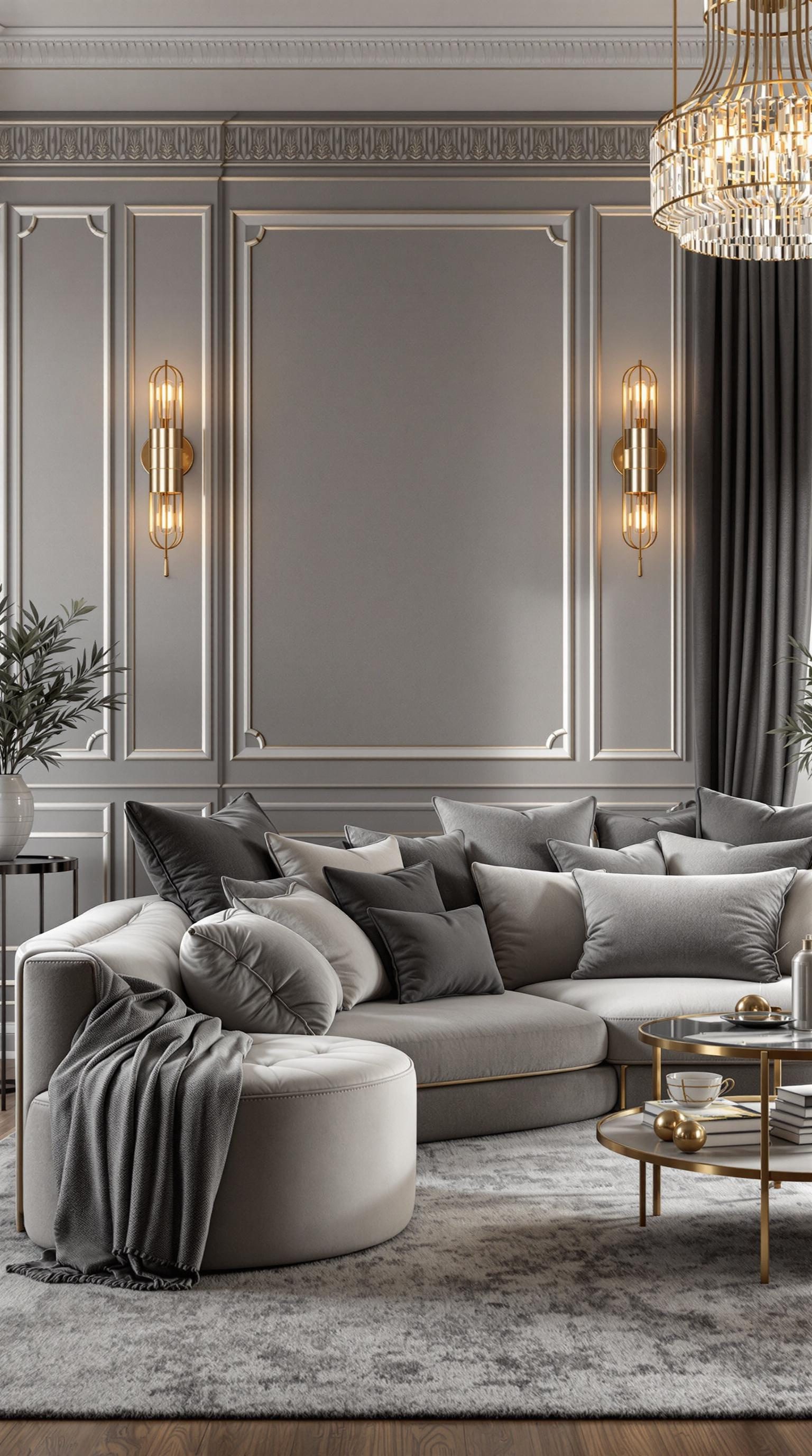 A stylish grey couch in a living room with gold accents and soft lighting.