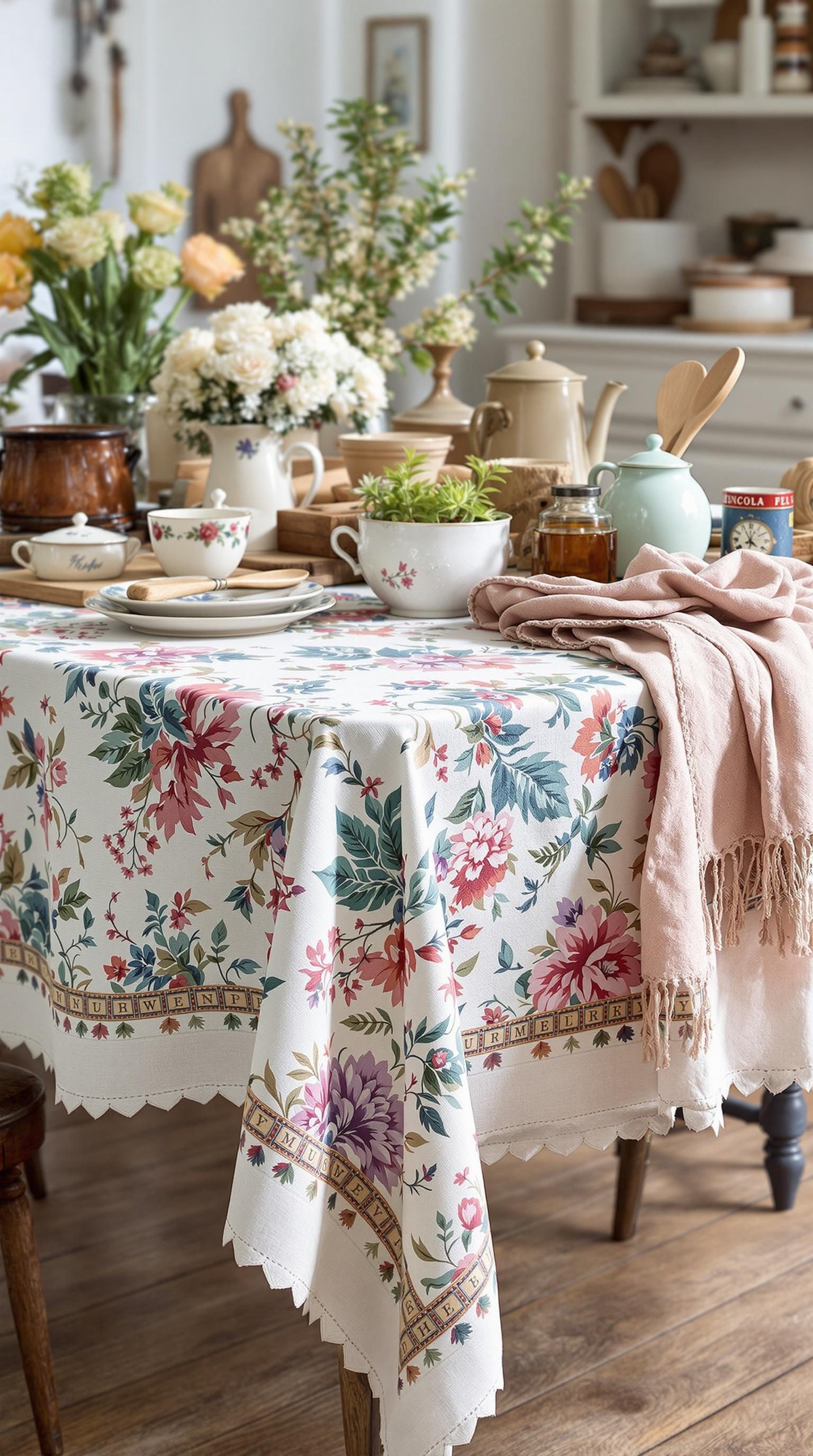 Floral patterned tablecloth on a dining table with kitchen decor