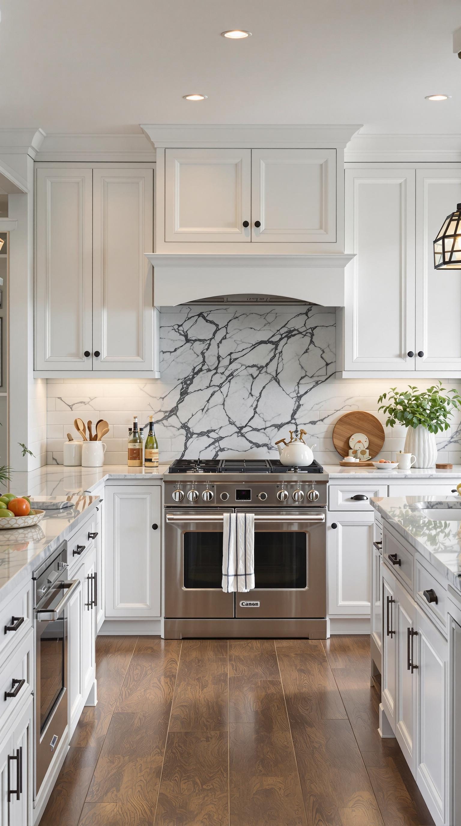 A modern kitchen featuring classic white shaker cabinets, a marble backsplash, and stainless steel appliances.