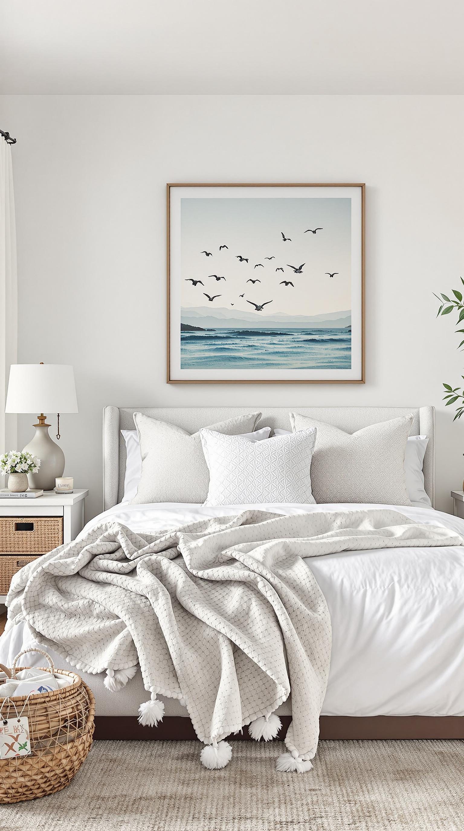 Coastal preppy bedroom with white bedding, soft textures, and beach-themed artwork.