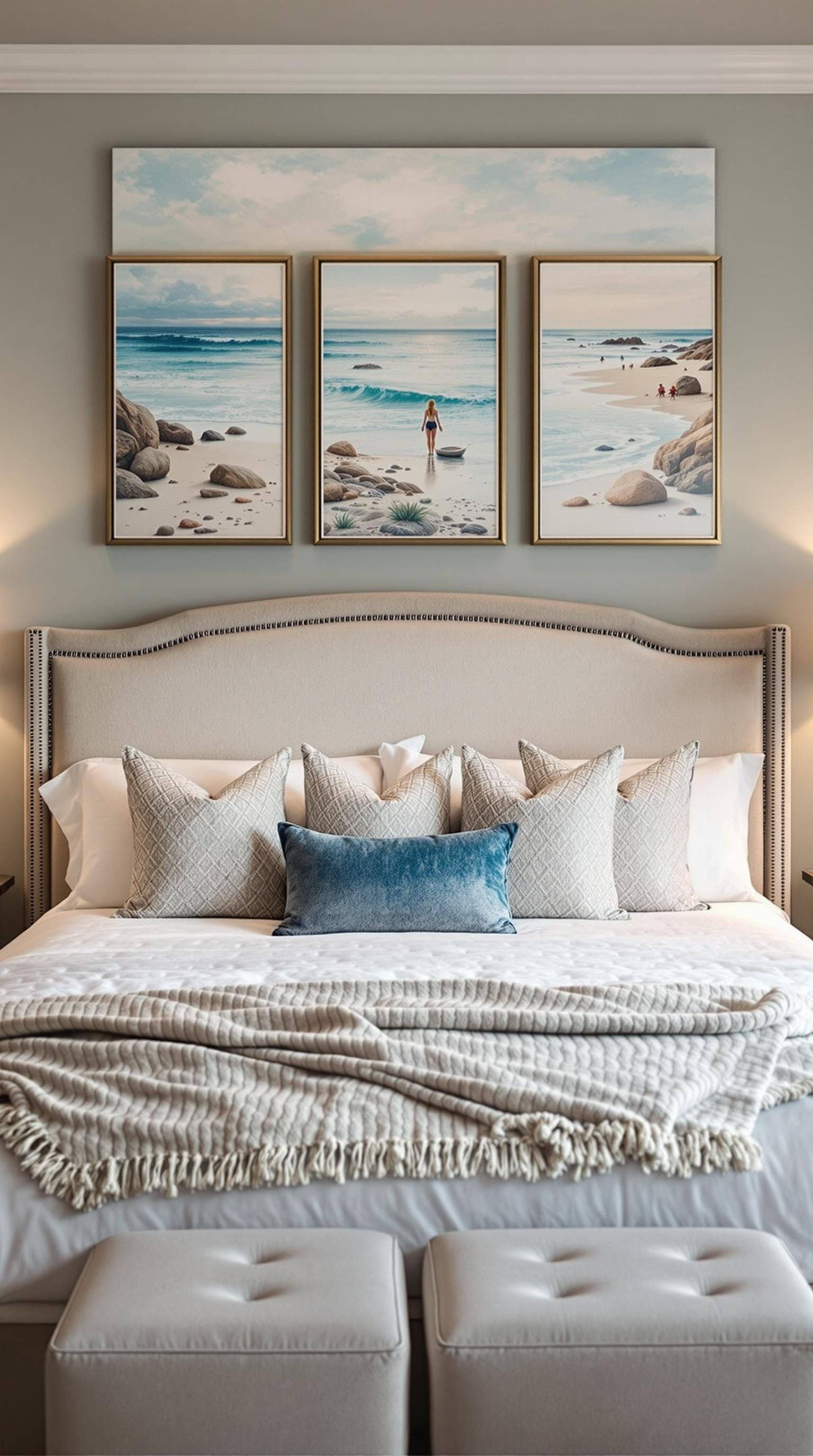 A coastal master bedroom featuring artwork of the beach and ocean.