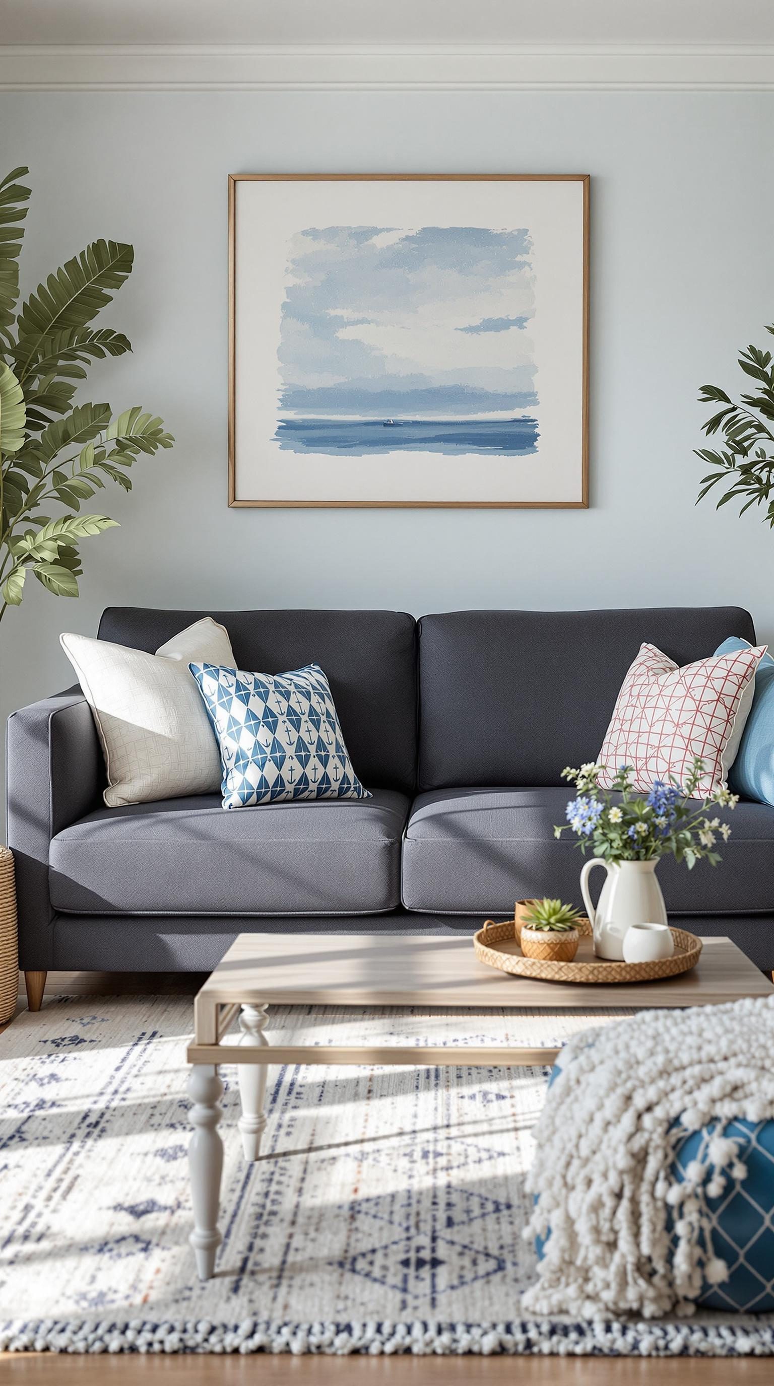 A cozy living room featuring a dark grey couch, decorative pillows, and a serene coastal painting.