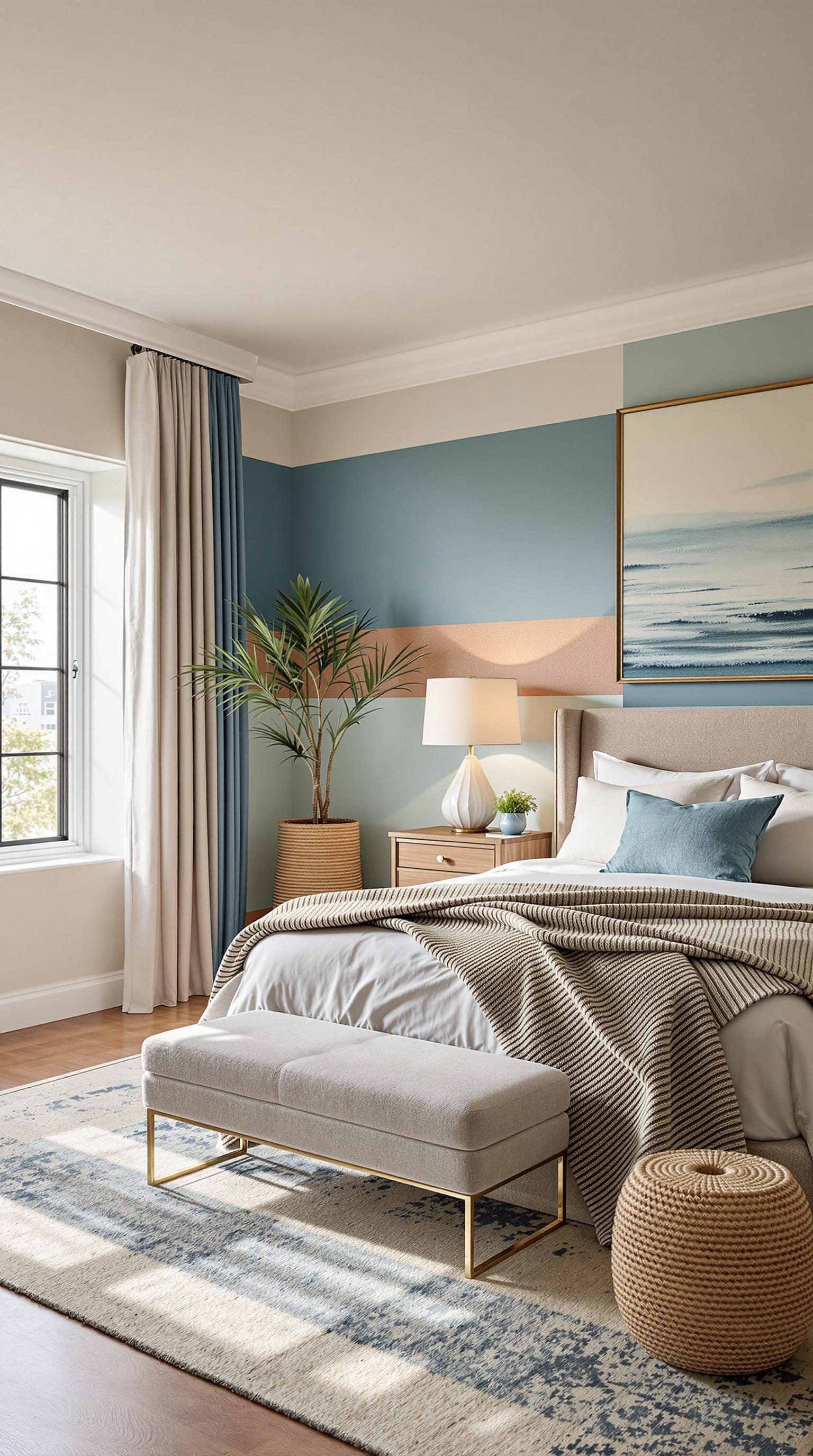 Coastal master bedroom with color blocking in soft blues and creams