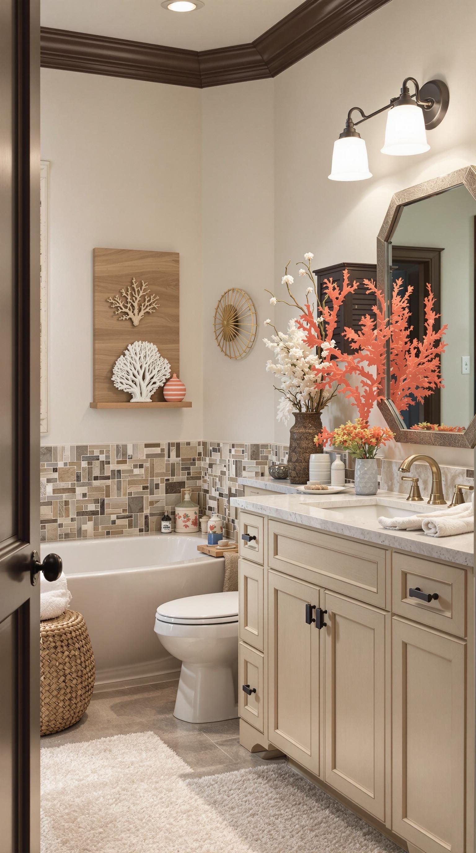 A bathroom showcasing coastal farmhouse decor with coral accents and natural textures.