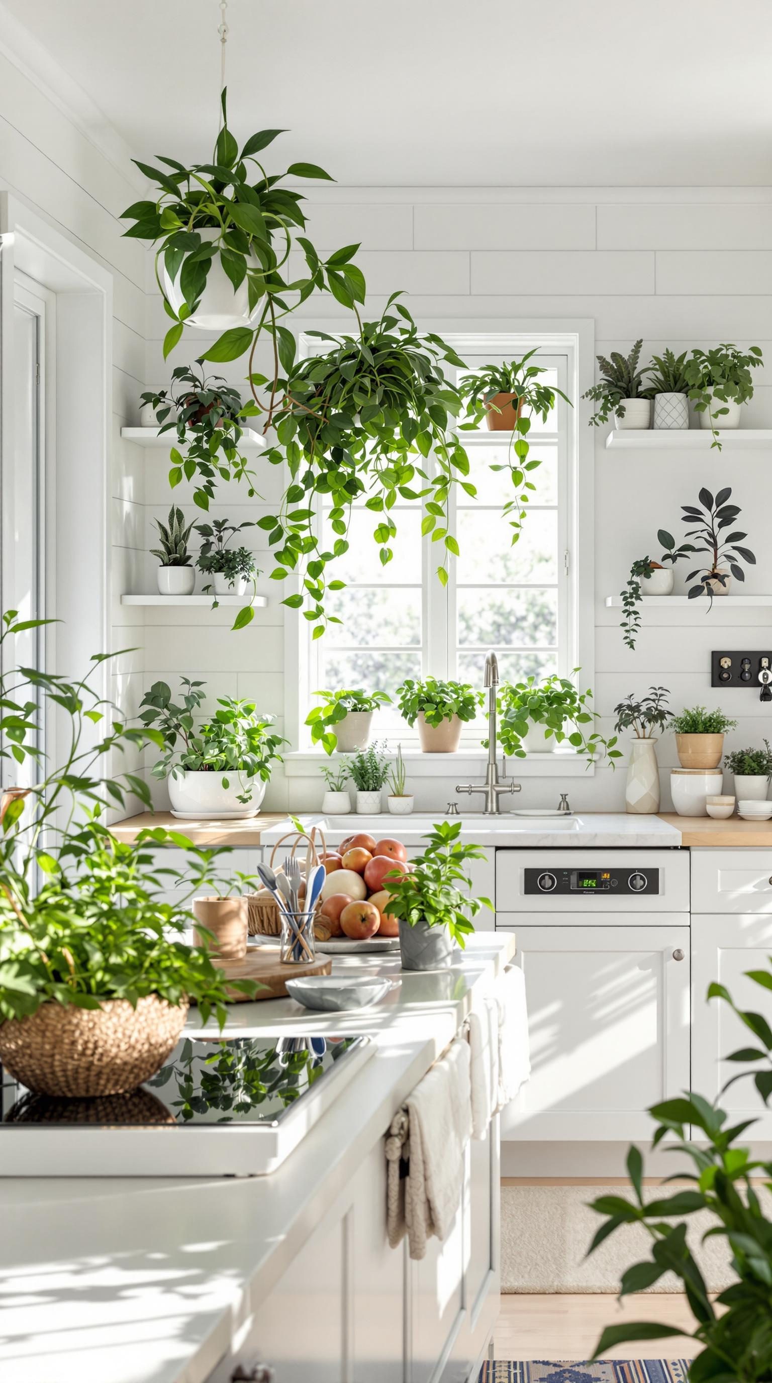 A bright kitchen filled with various green plants and herbs, showcasing a gentle coastal farmhouse style.