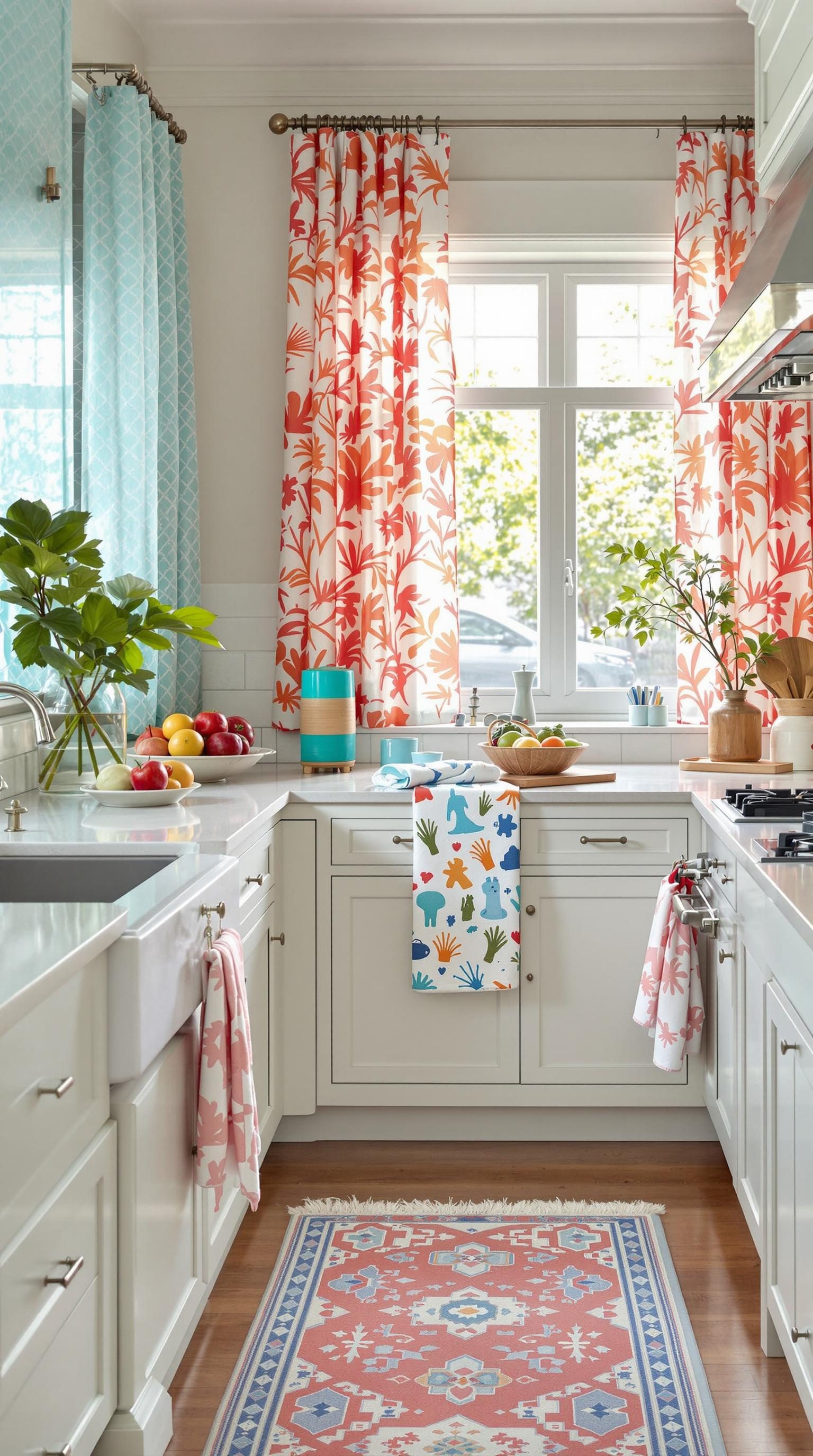 A bright coastal kitchen featuring colorful curtains, towels, and decor.