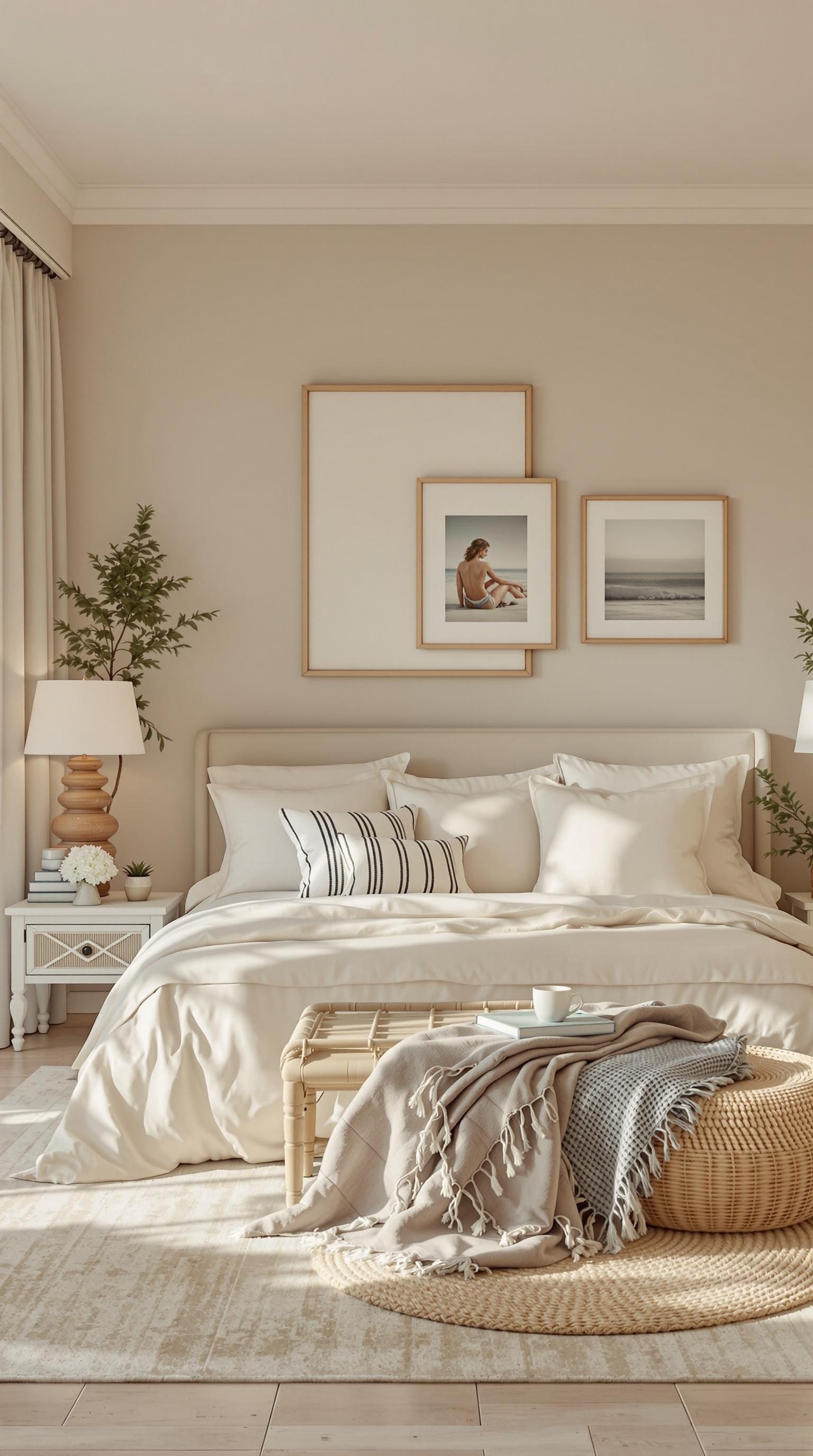 A cozy beige bedroom with soft bedding, framed pictures, and natural decor.