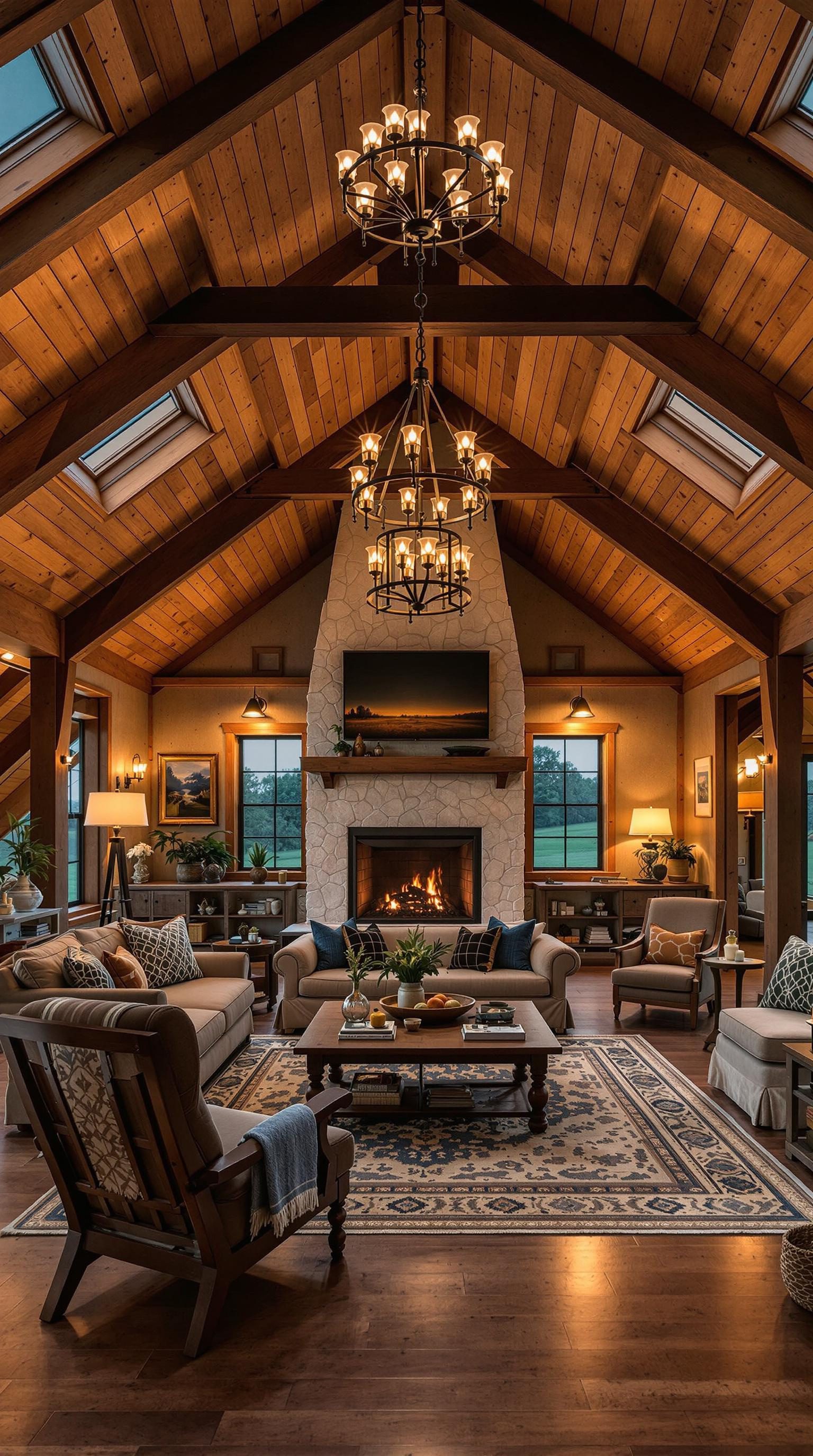 Warmly lit living room with wooden beams and cozy furniture.