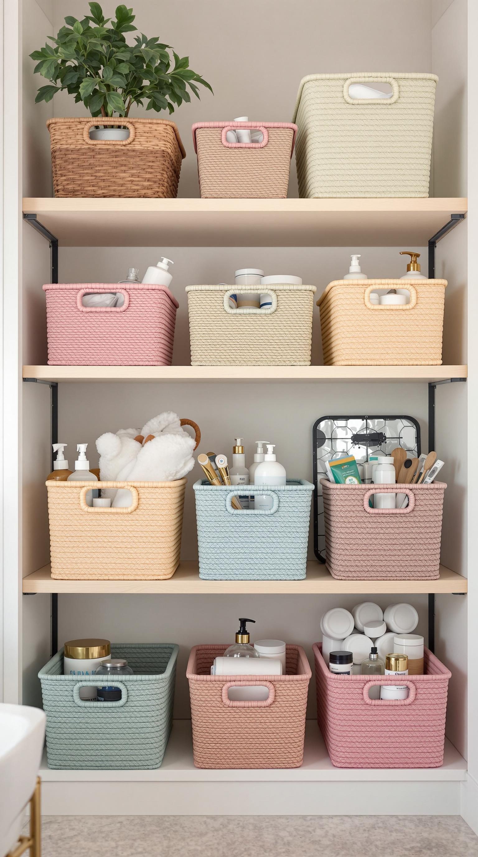 Colorful storage baskets on shelves, including pink, blue, and cream baskets filled with bathroom essentials.