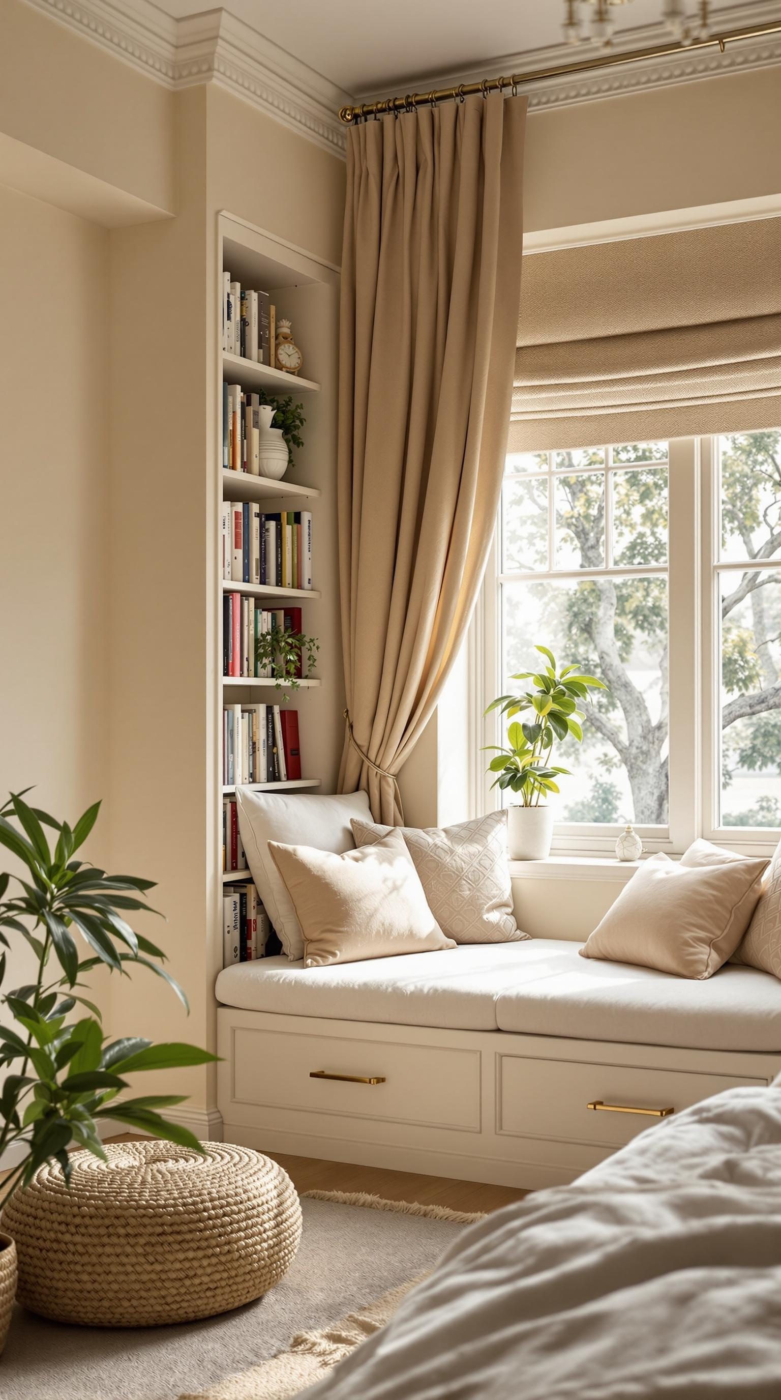 A comfortable beige reading nook with cushions, a window, and bookshelves.