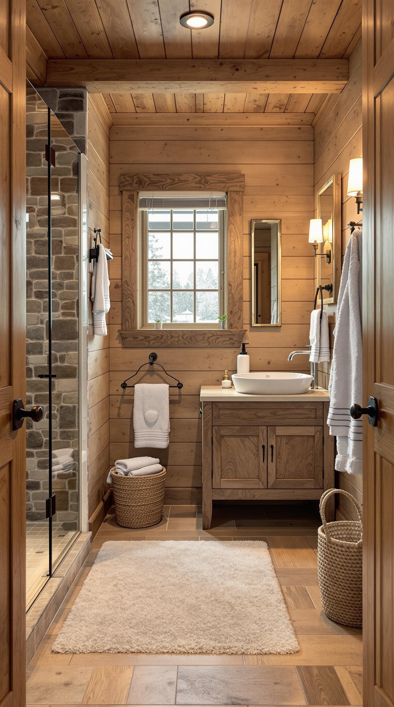 A compact bathroom featuring wooden walls, a glass shower, and natural decor.