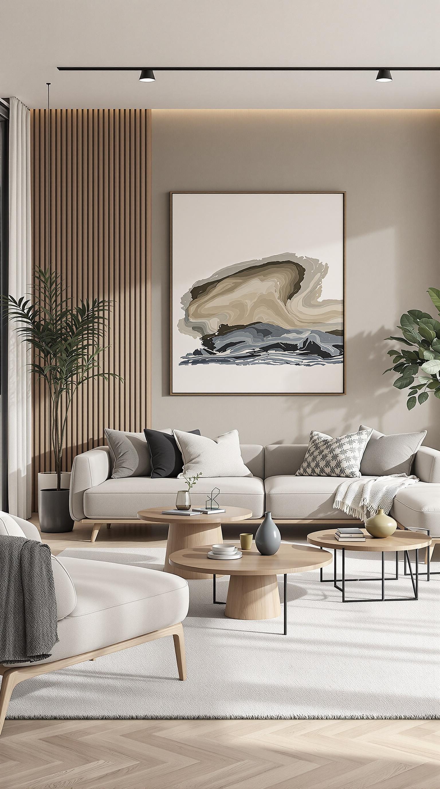 A contemporary coastal living room featuring sleek lines and soft colors.