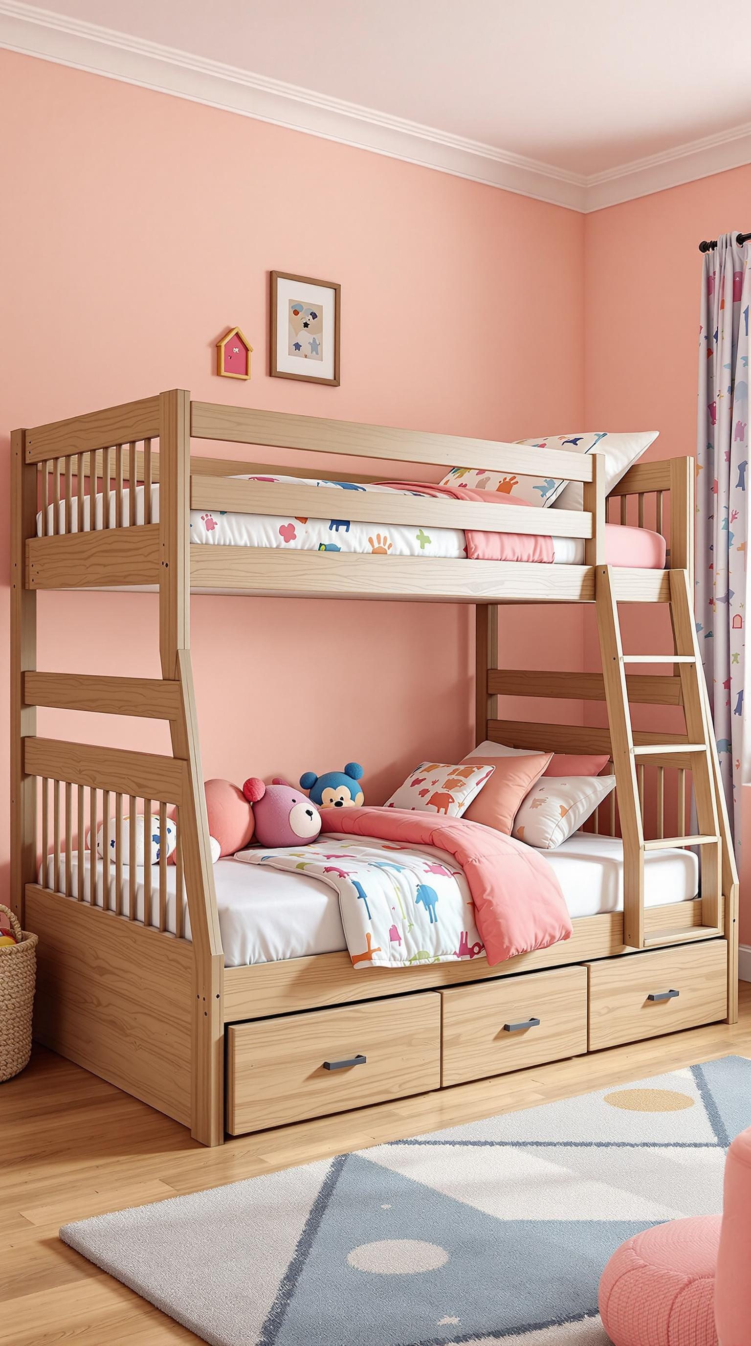 A stylish convertible bunk bed with colorful bedding and stuffed animals in a pink-themed room.