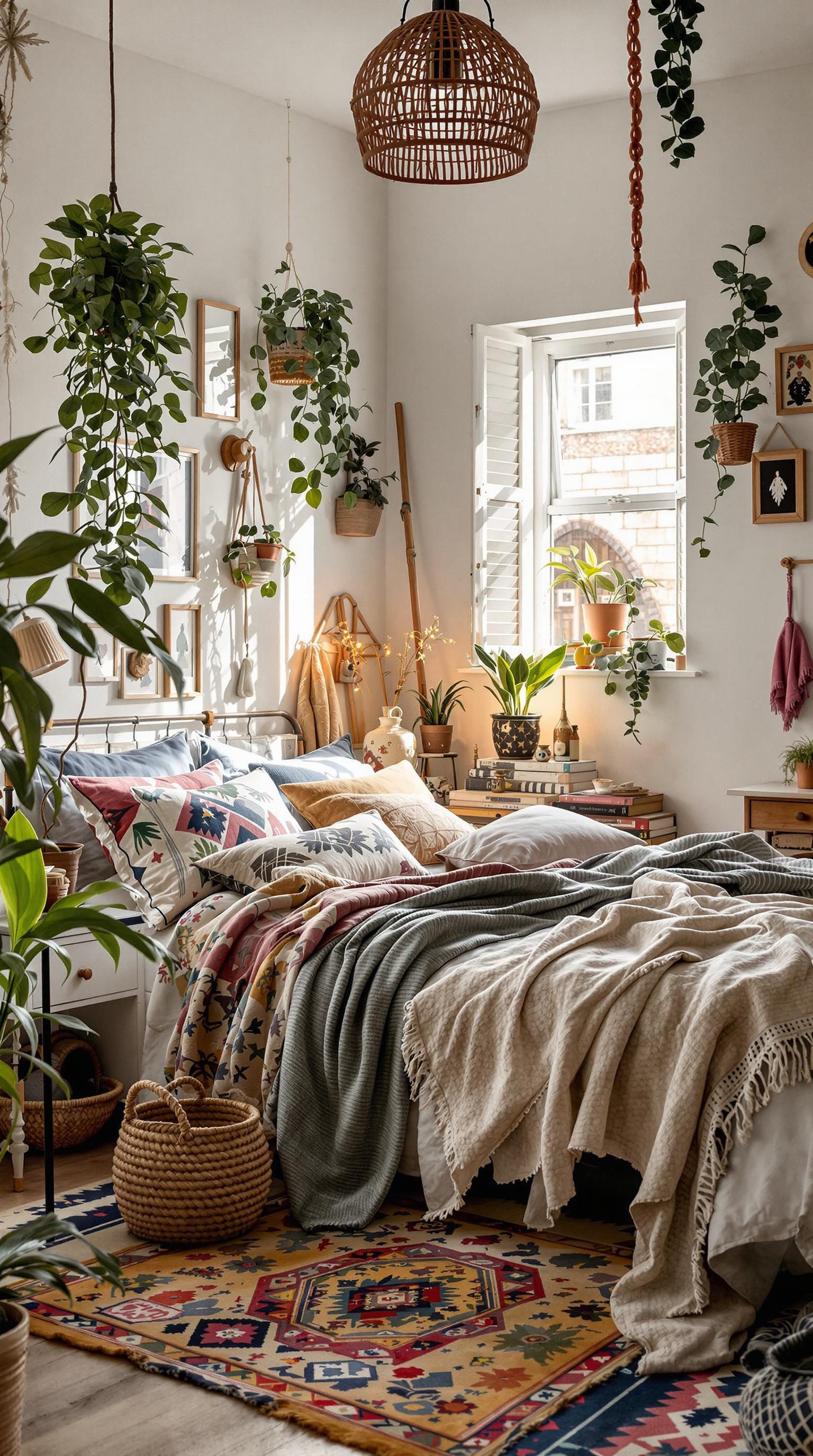 A cozy bohemian bedroom filled with plants, colorful pillows, and layered blankets.