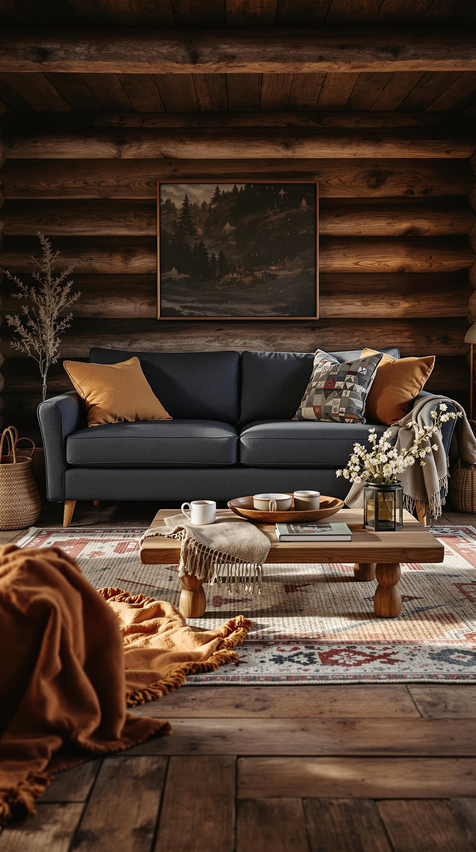 Cozy cabin living room featuring a dark grey couch, wooden decor, and warm accessories.