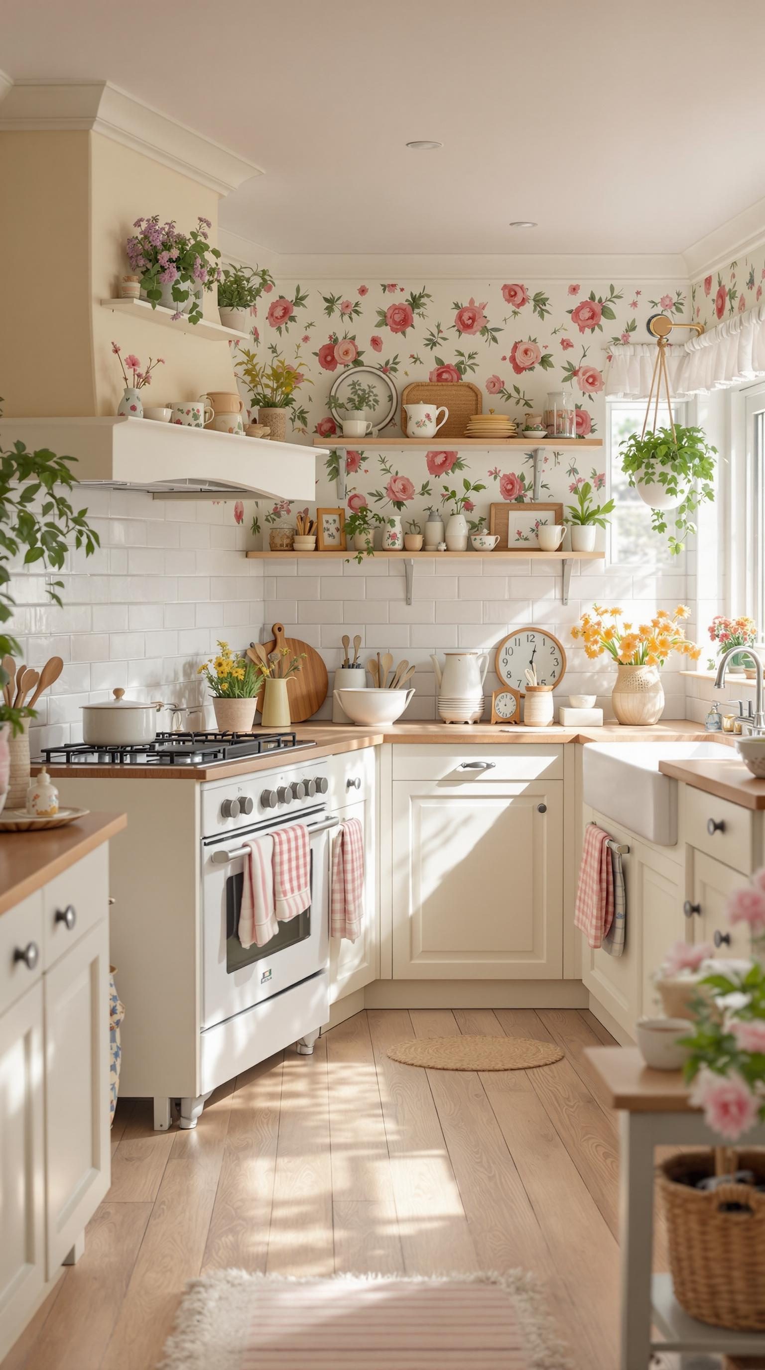 A cozy cottage-style kitchen featuring floral wallpaper, wooden countertops, and sunlit ambiance.