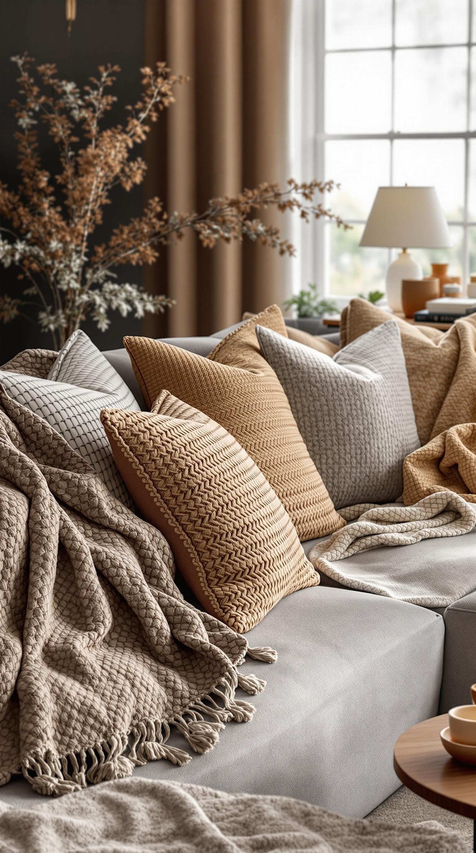 A beautifully styled grey couch with an array of textured pillows and throws, creating a cozy living room atmosphere.