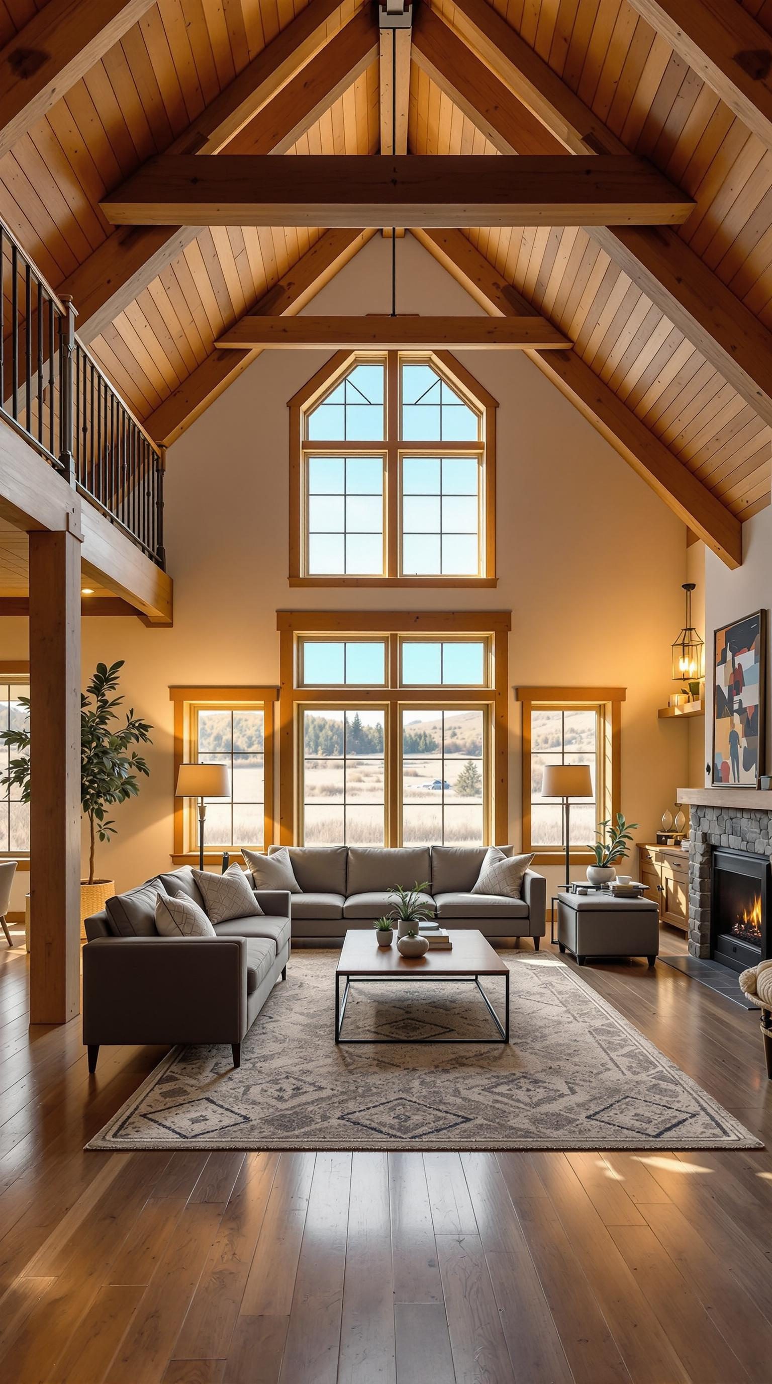 Cozy loft living area with large windows and wooden beams.