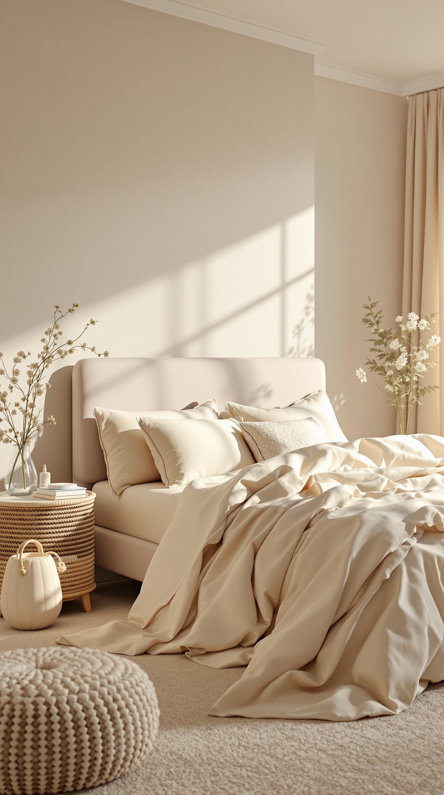 A cozy beige bedroom with soft textures and natural elements.