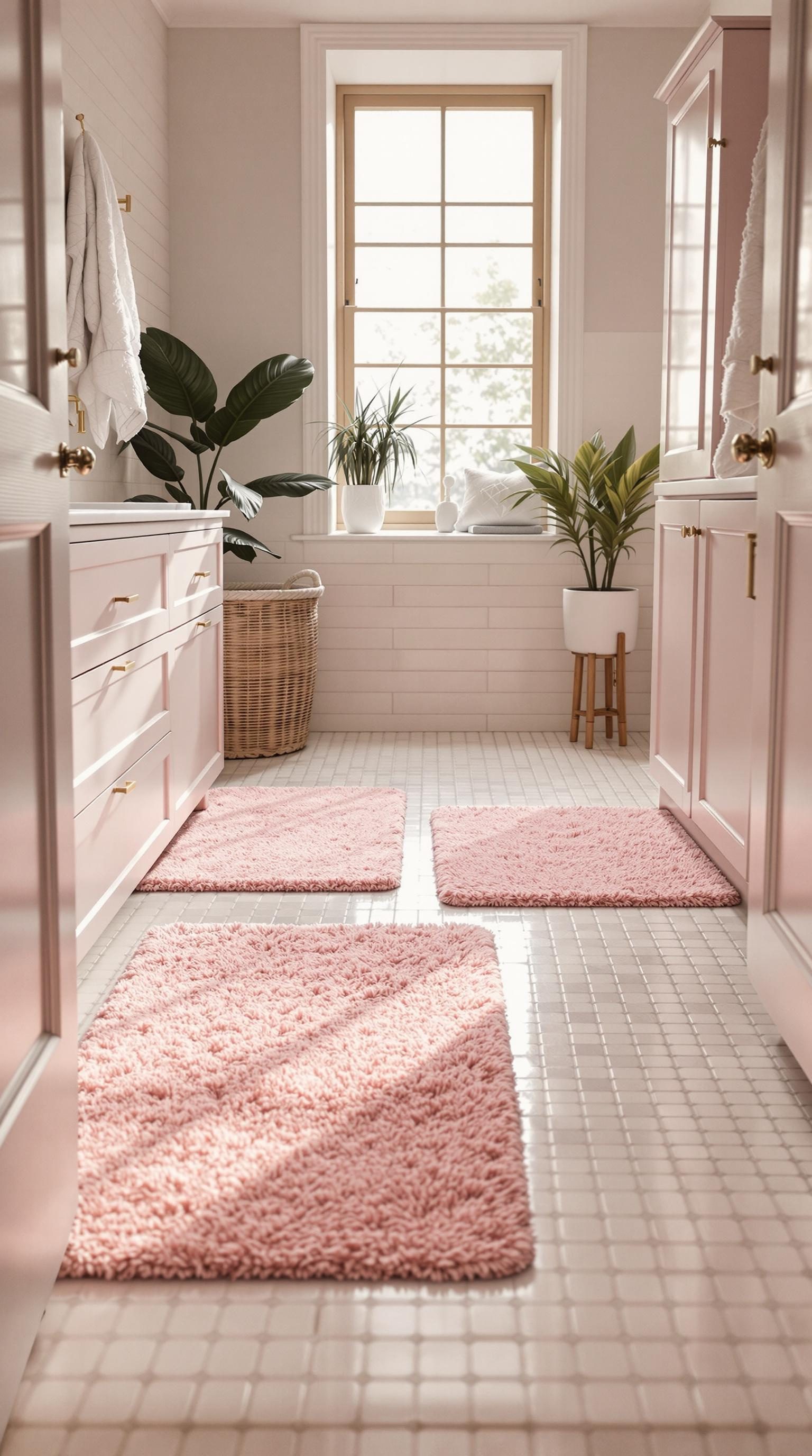 Cozy pink bath mats in a bright bathroom setting