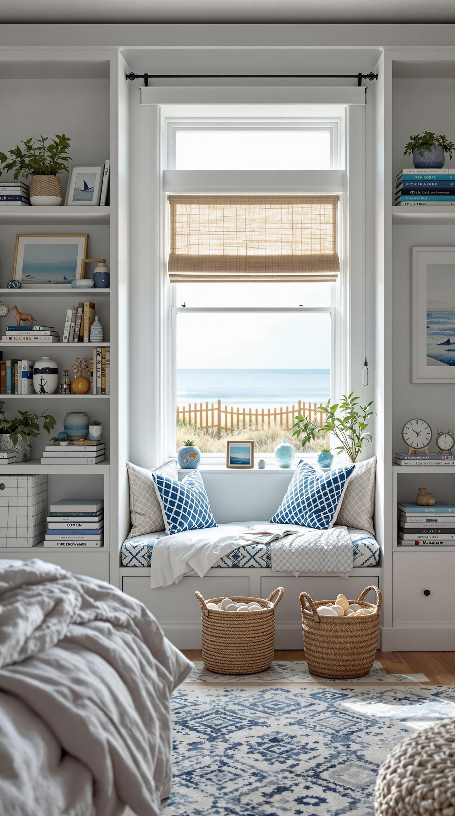 Cozy reading nook by a window with coastal decor and comfy pillows.