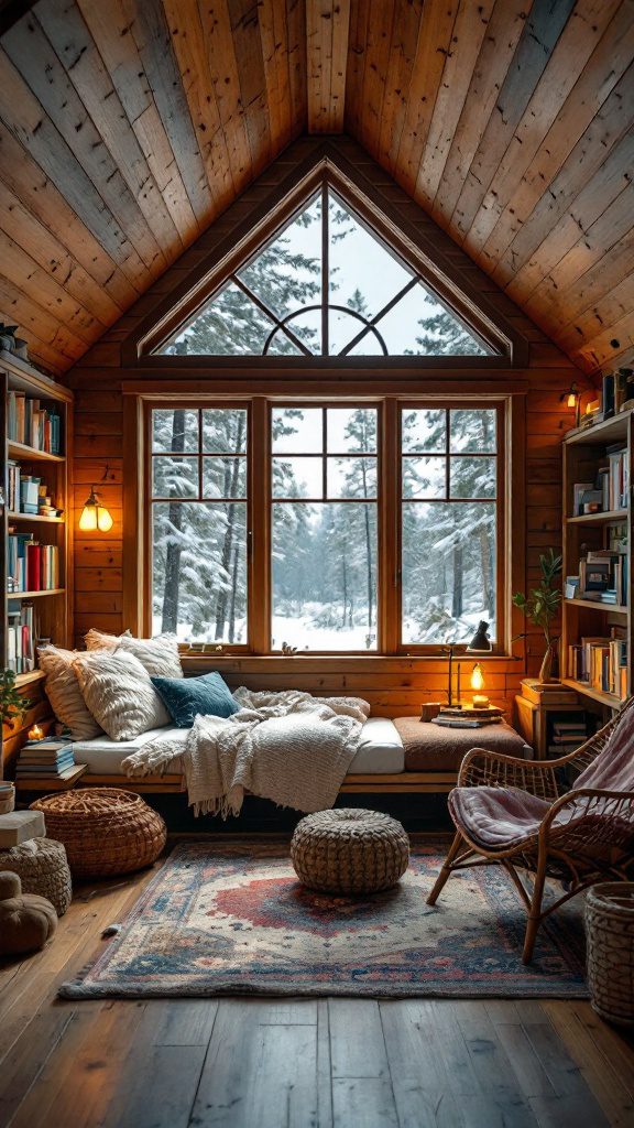 A cozy reading nook in a small cabin with large windows, soft cushions, and a warm atmosphere.