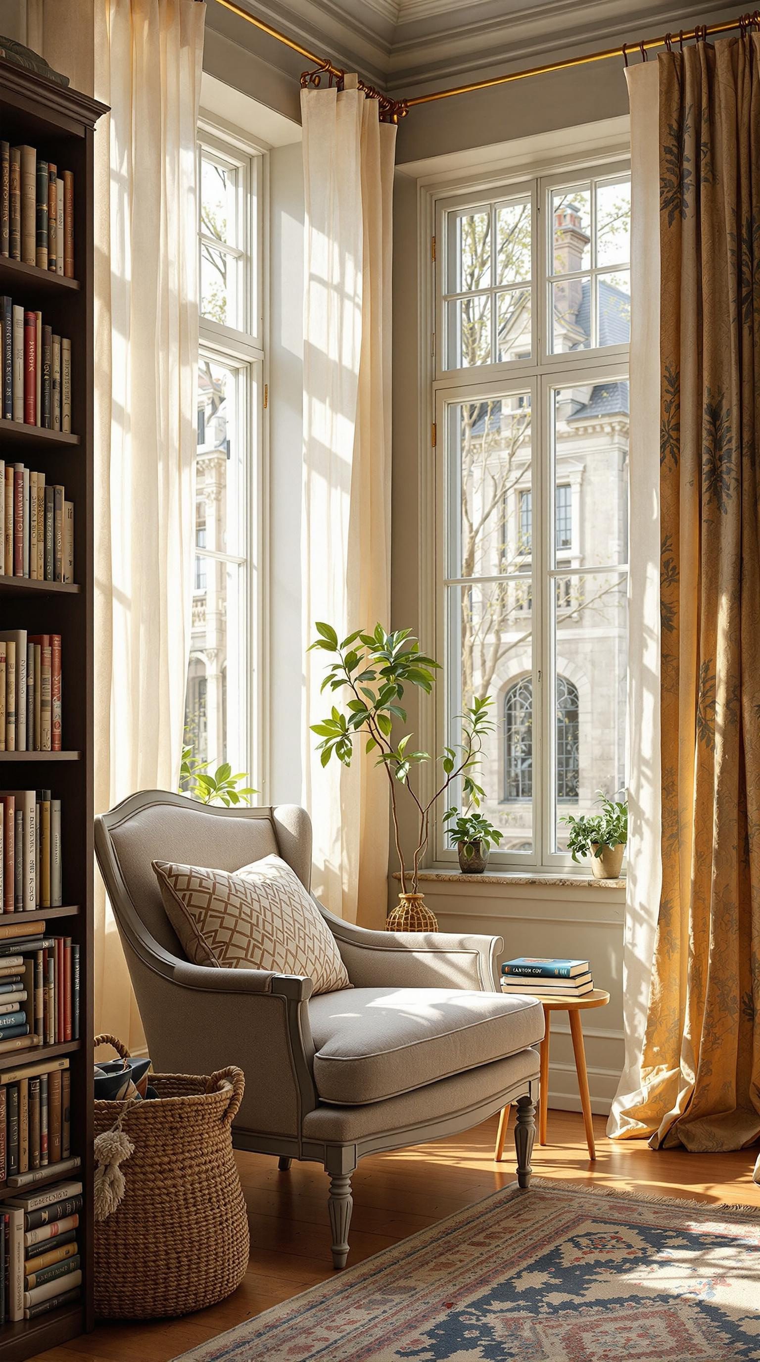 Cozy reading nook with a chair, bookshelves, and plants, illuminated by natural light.