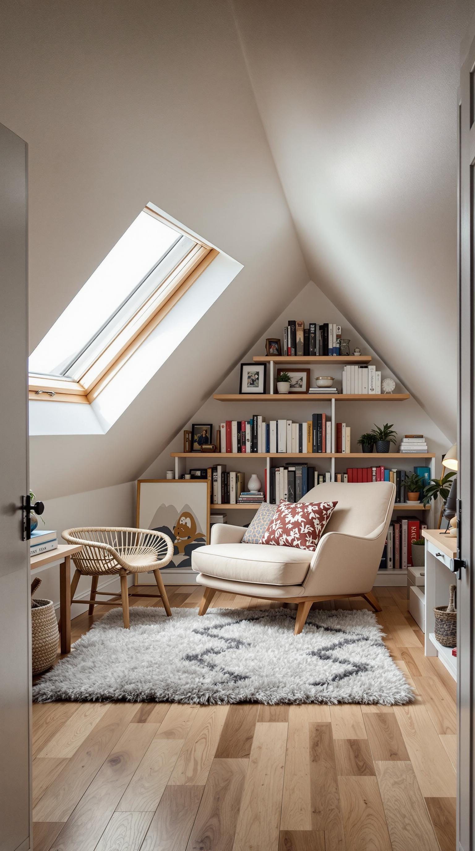 A cozy reading nook in a small attic room featuring a skylight, comfortable chair, and bookshelves.