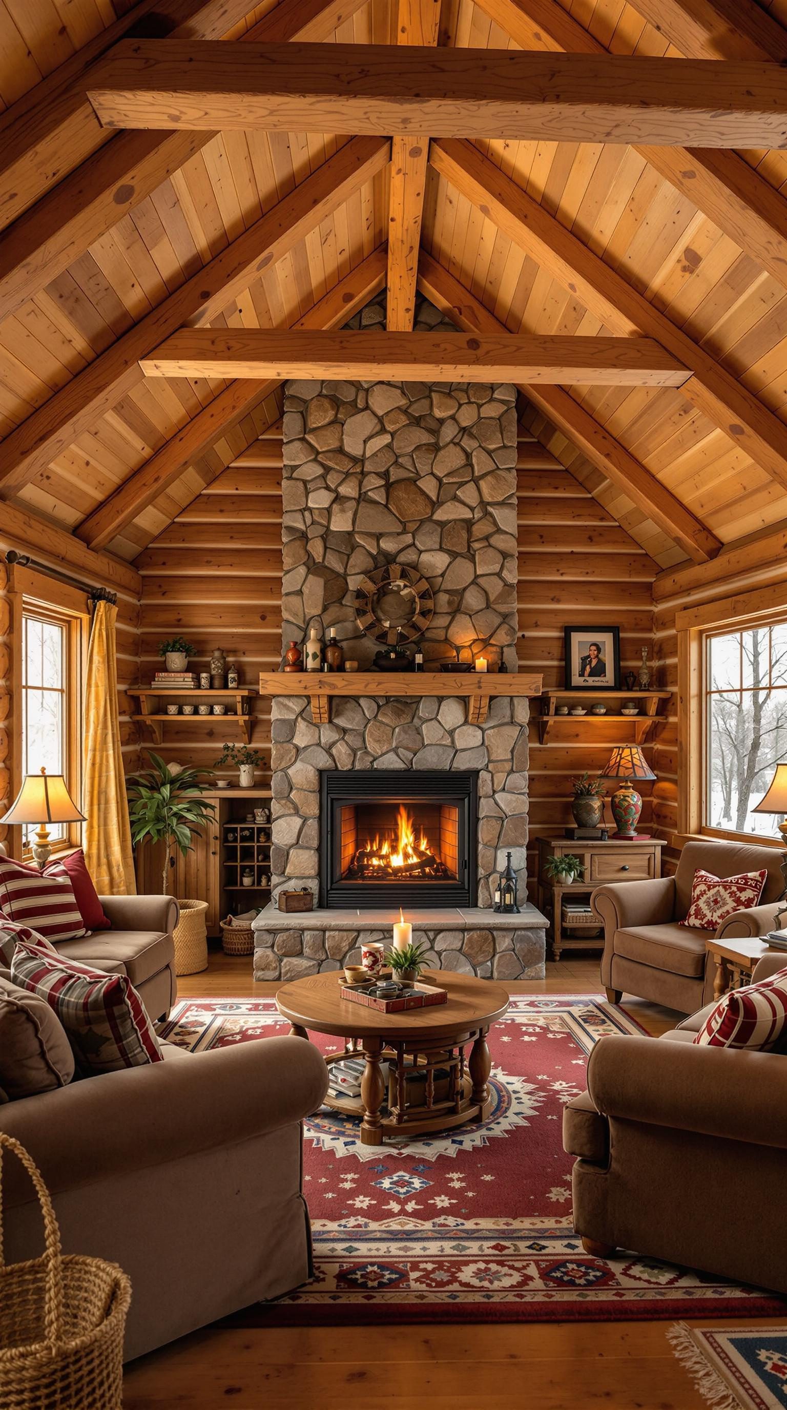 Cozy rustic cabin interior with stone fireplace and wooden beams