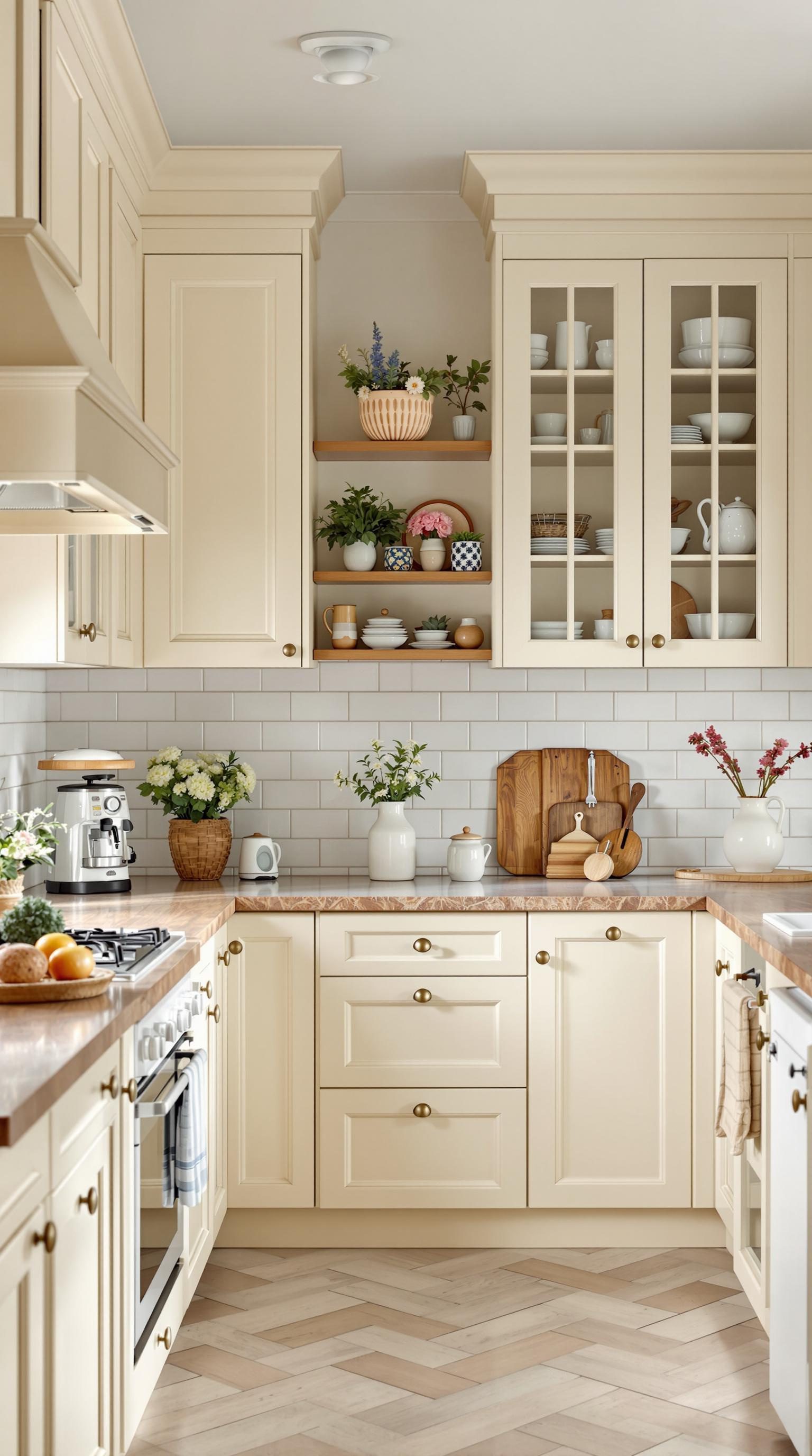 A cozy kitchen with creamy beige cabinets and natural wood accents.