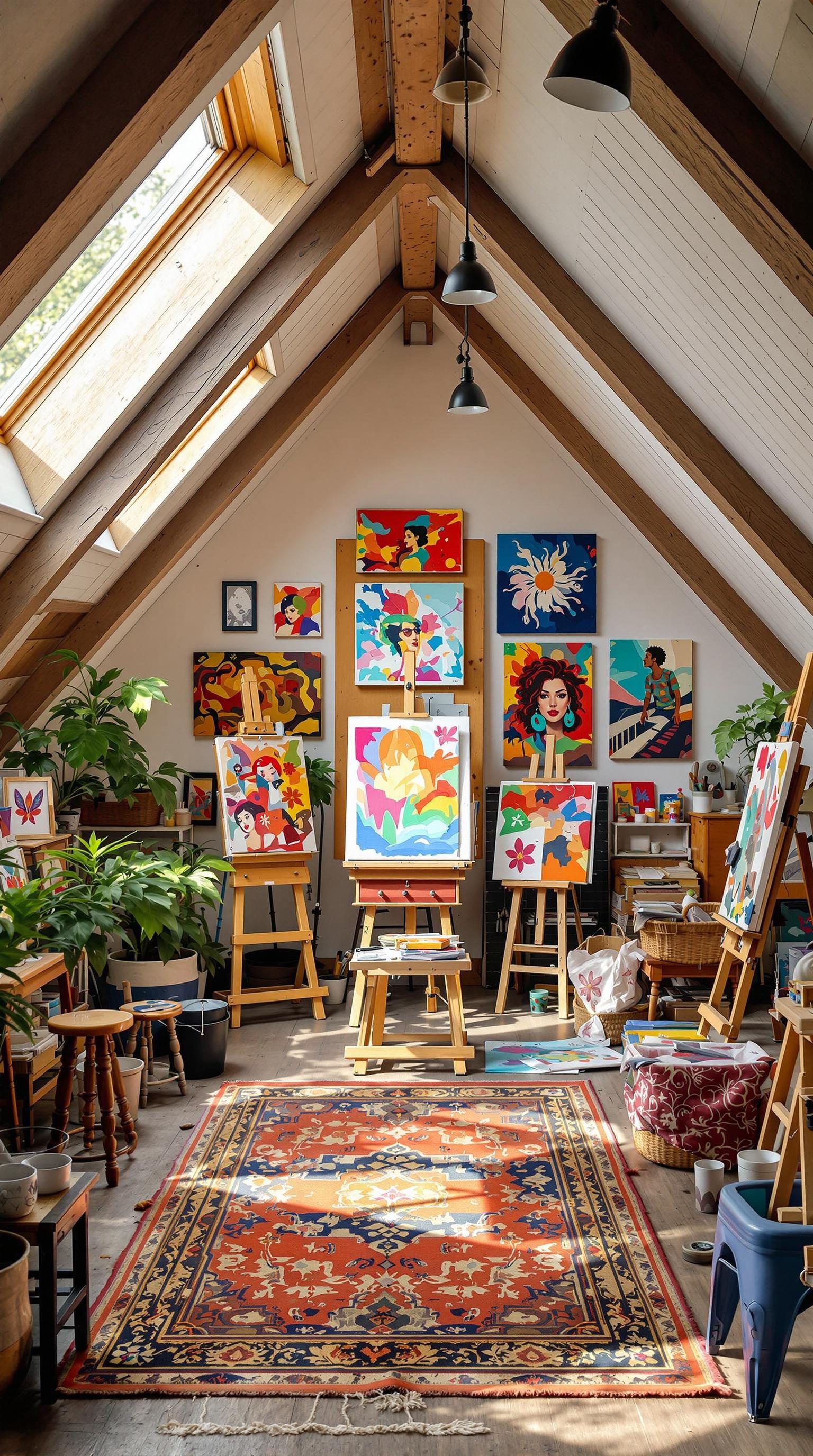 A colorful attic art studio filled with paintings, easels, and plants, illuminated by natural light from skylights.