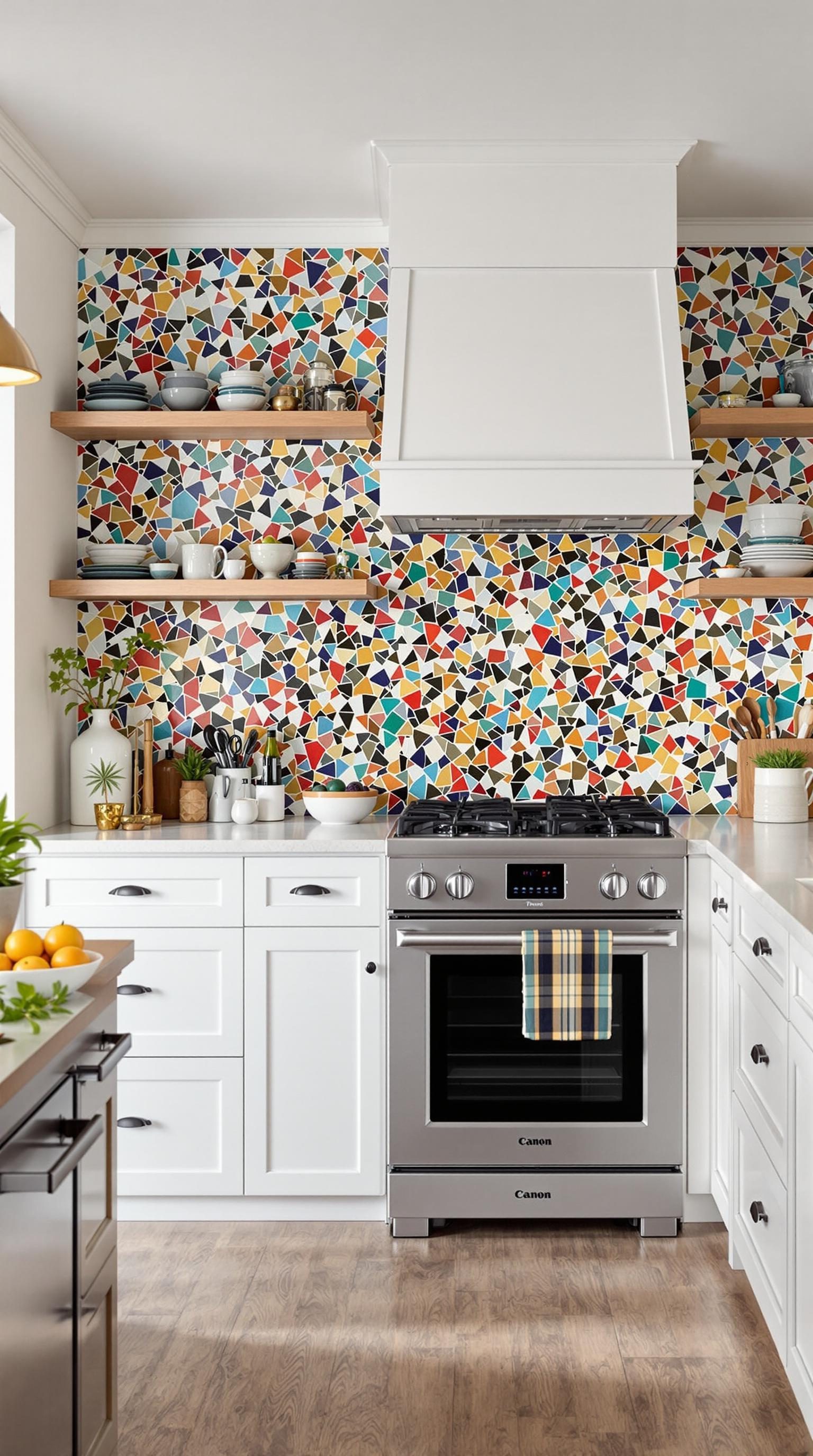 Colorful mosaic backsplash in a kitchen setting with white cabinets and modern appliances.