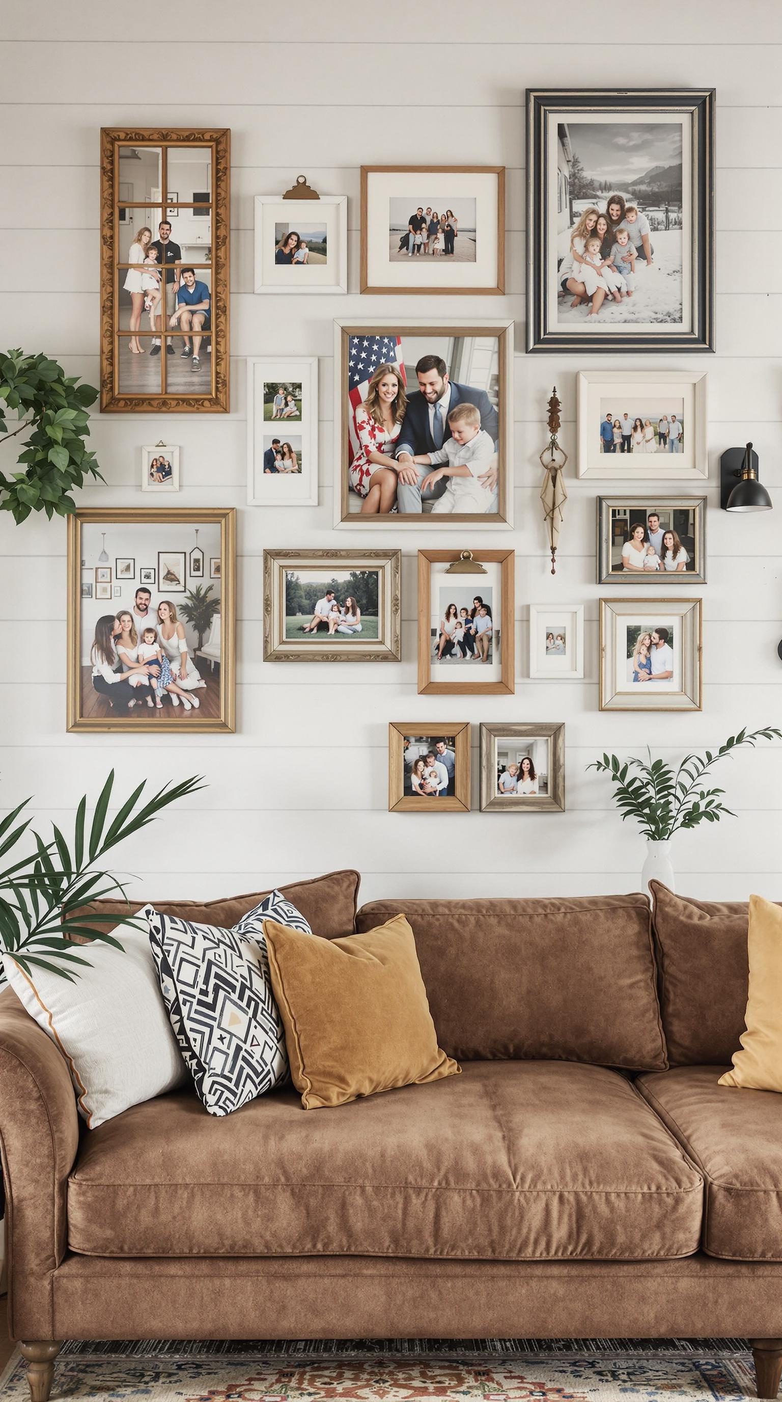 Gallery wall with various family photos in different frames on a wooden wall above a brown couch.