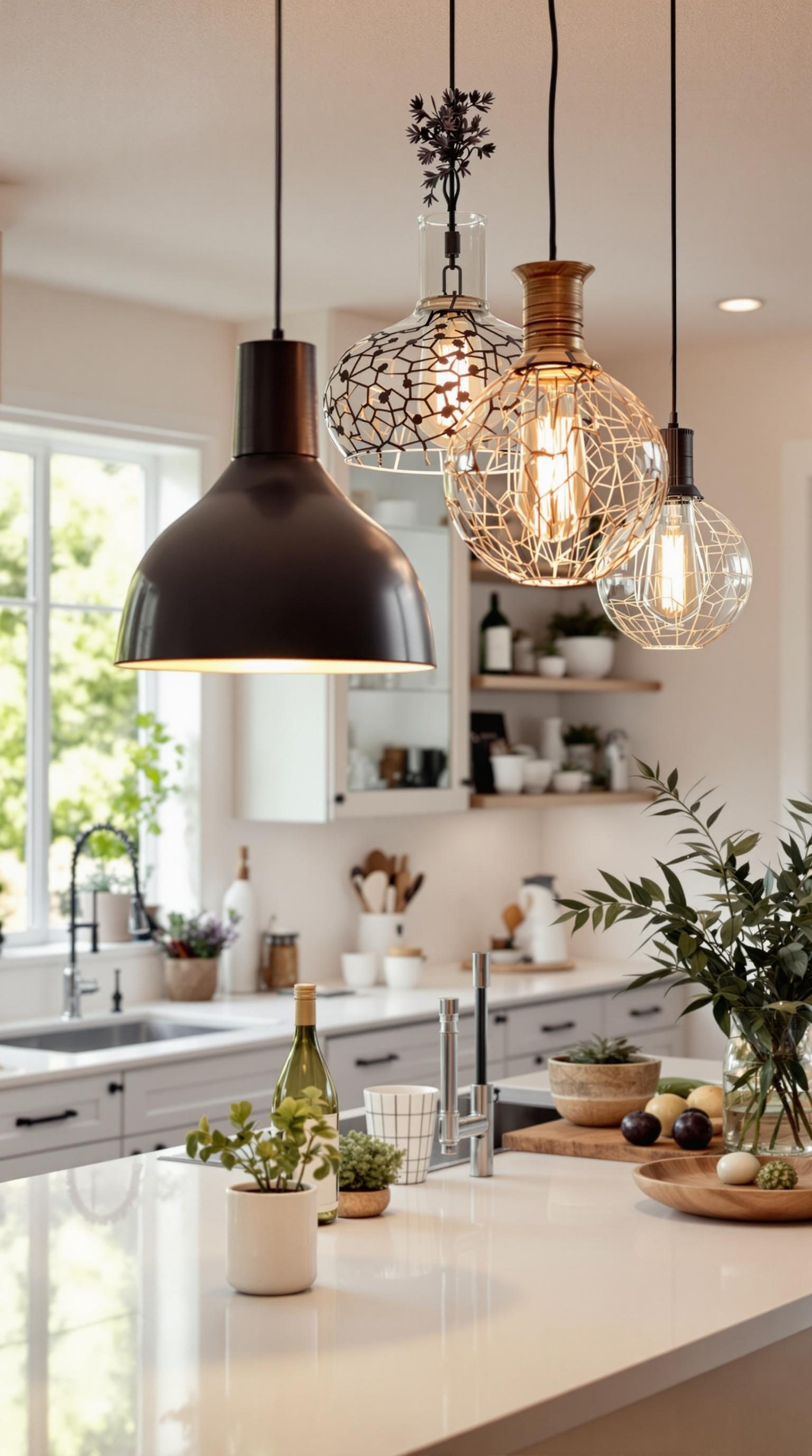 A modern kitchen featuring a variety of creative pendant lights above the counter.