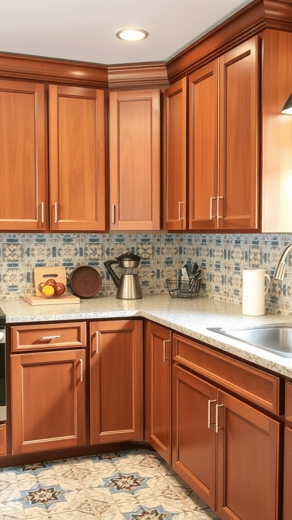 A modern kitchen corner featuring wooden cabinets, a granite countertop, and a colorful backsplash.