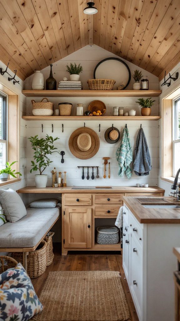 Cozy cabin interior with creative wall storage including shelves, baskets, and hooks.