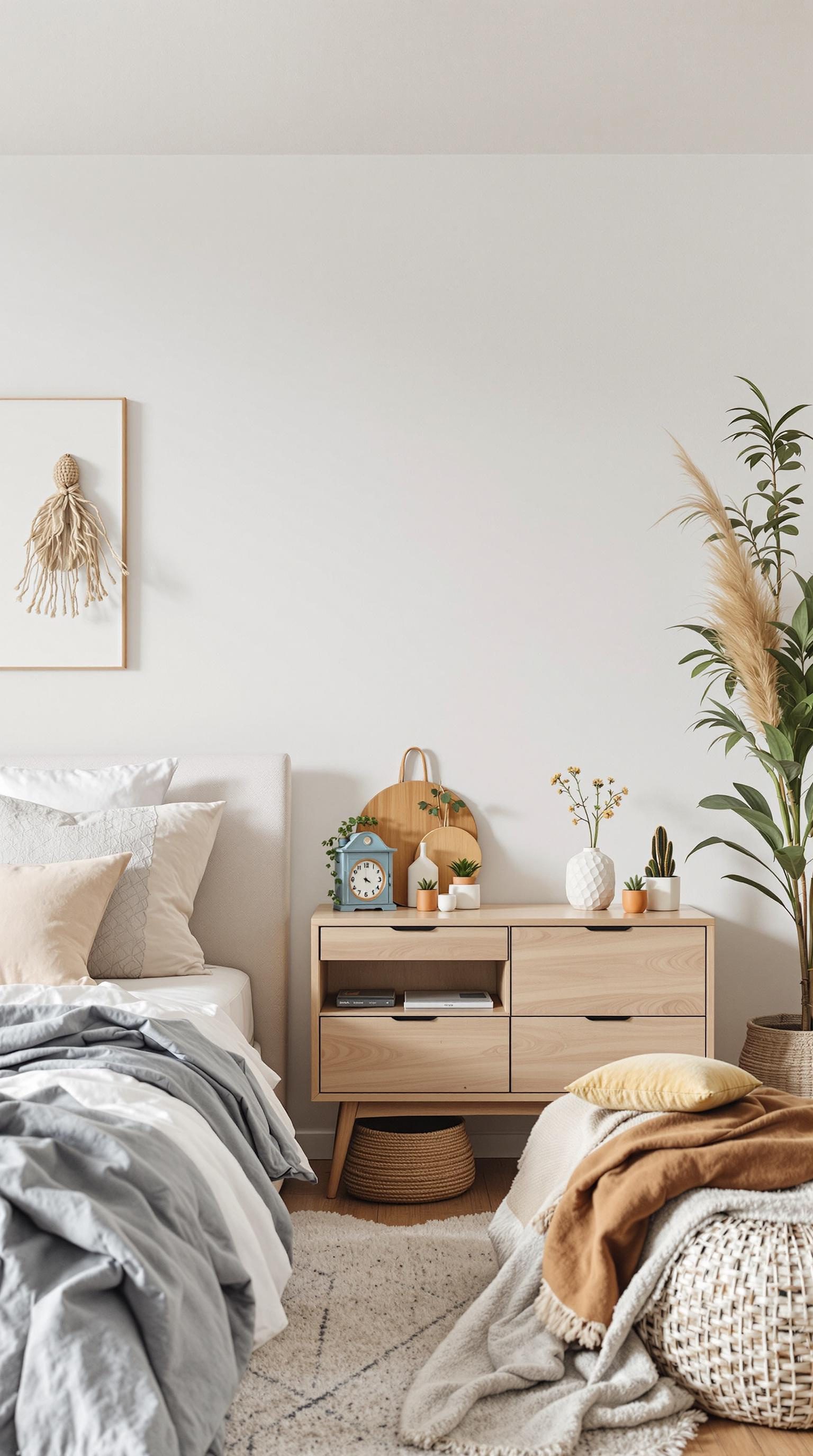 A minimalistic bedroom featuring a bed with soft linens, a wooden nightstand with plants and decorative items, and a warm color palette.