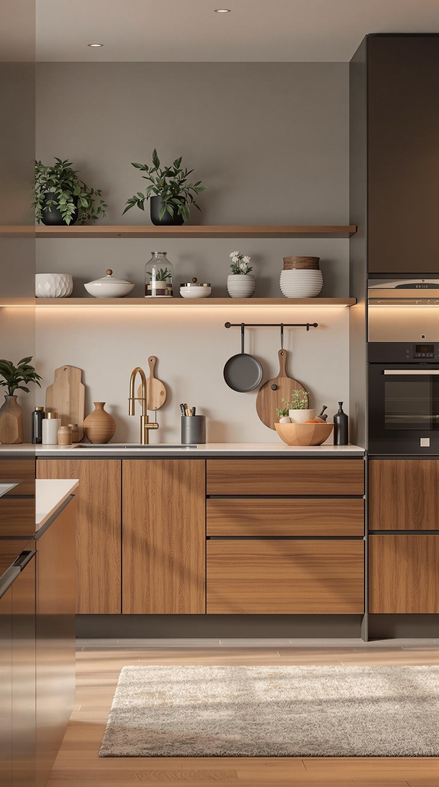 A modern kitchen featuring wood cabinetry, open shelving, and decorative plants.