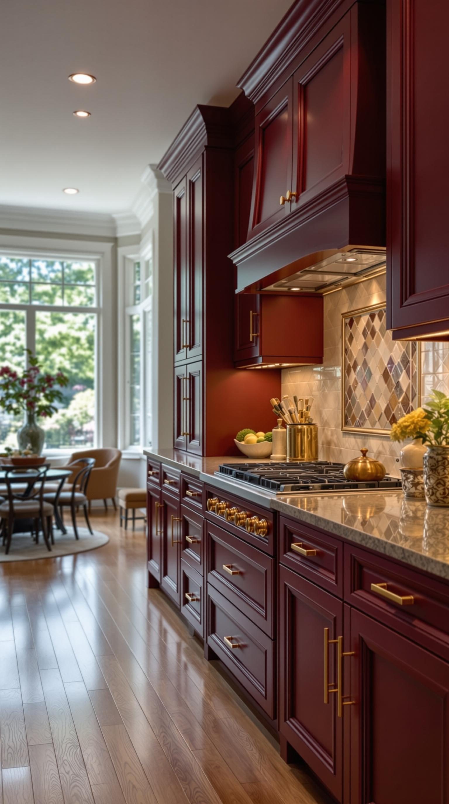 Luxurious kitchen featuring deep burgundy cabinets and gold accents