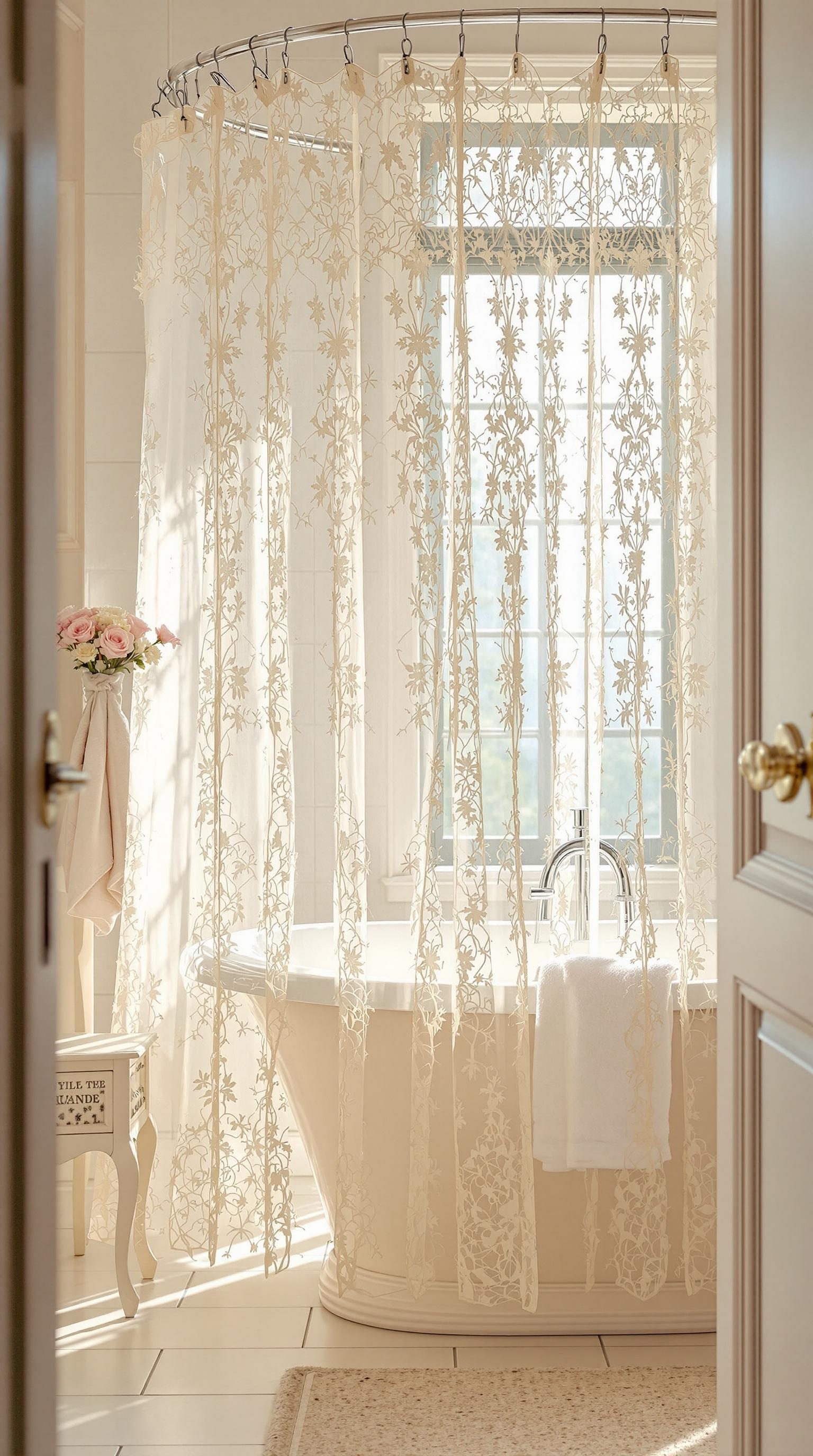 Delicate lace shower curtain in a bright bathroom setting