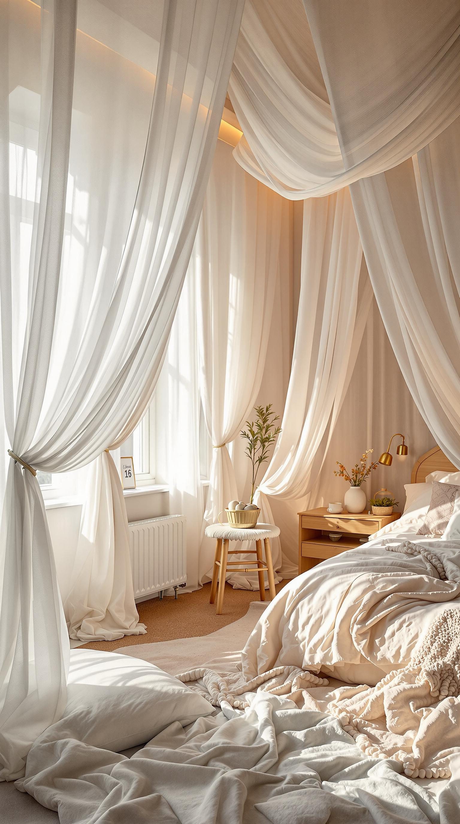 A cozy bedroom with flowing white canopy curtains, soft bedding, and natural light