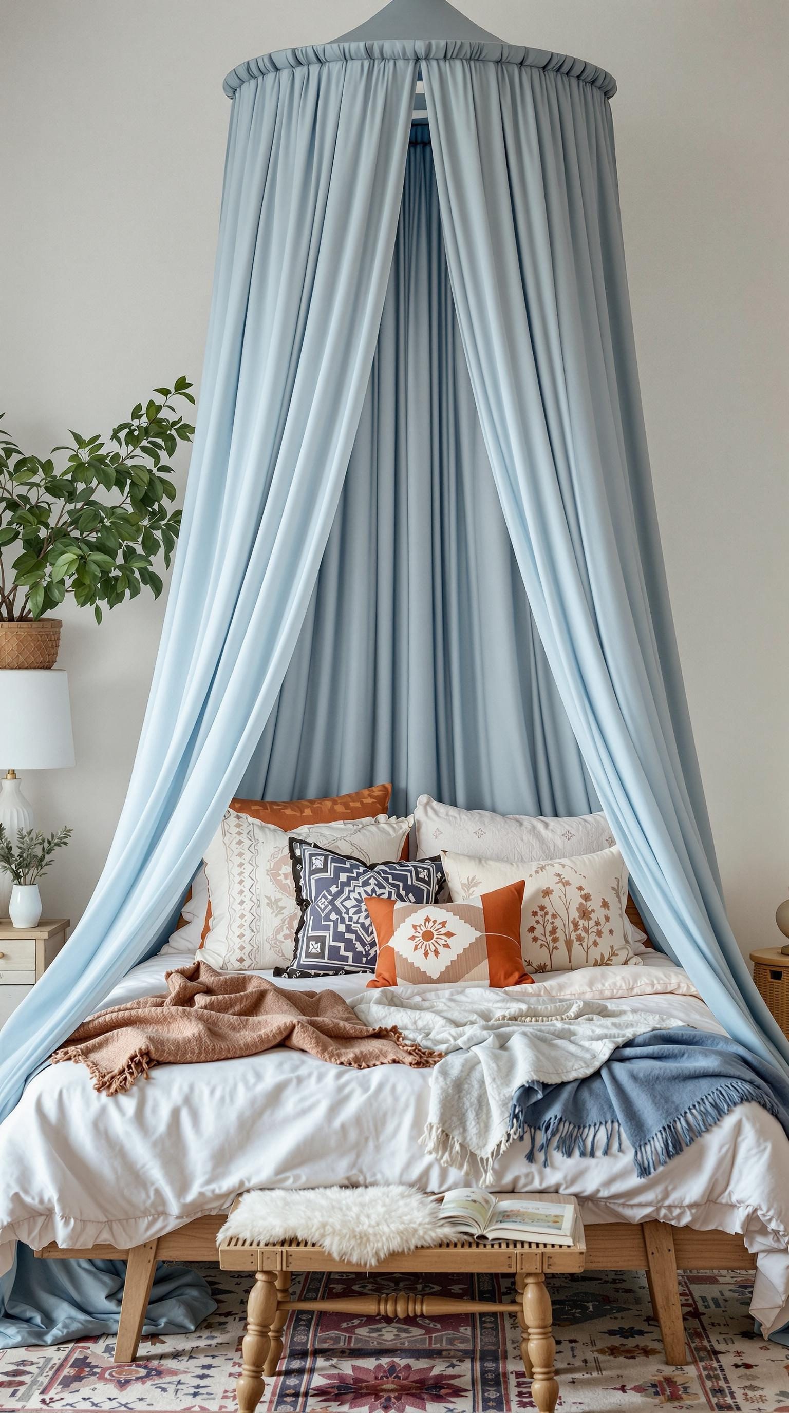 A cozy bedroom featuring a light blue canopy draped over a bed with colorful pillows and blankets.