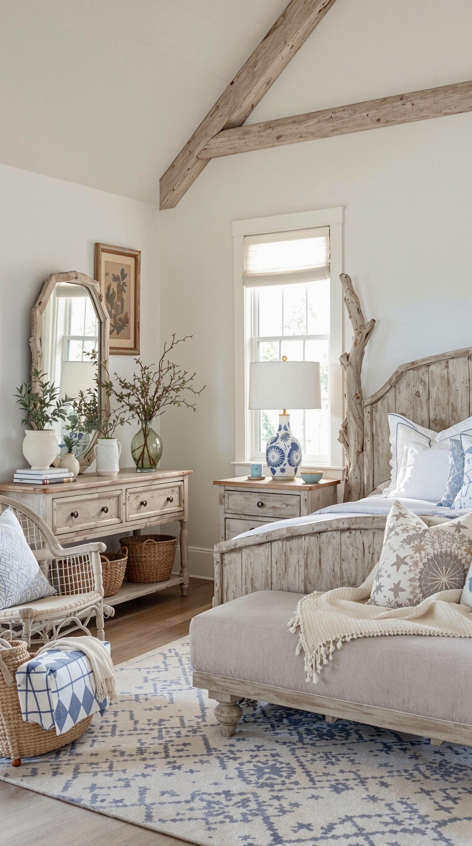 Coastal master bedroom featuring driftwood-inspired furniture with a light and airy atmosphere.