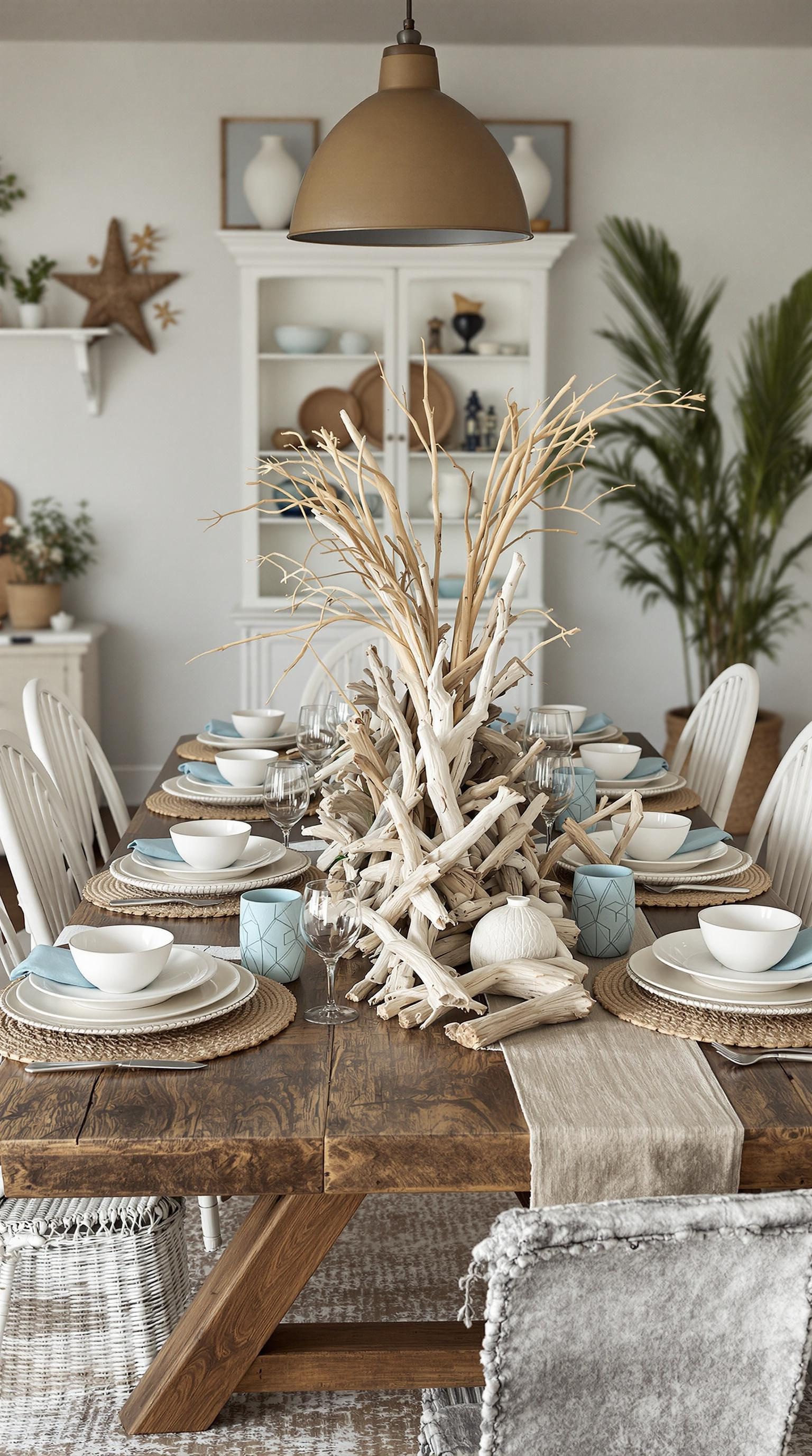 A beautifully set dining table featuring a driftwood centerpiece with dishes and glassware.