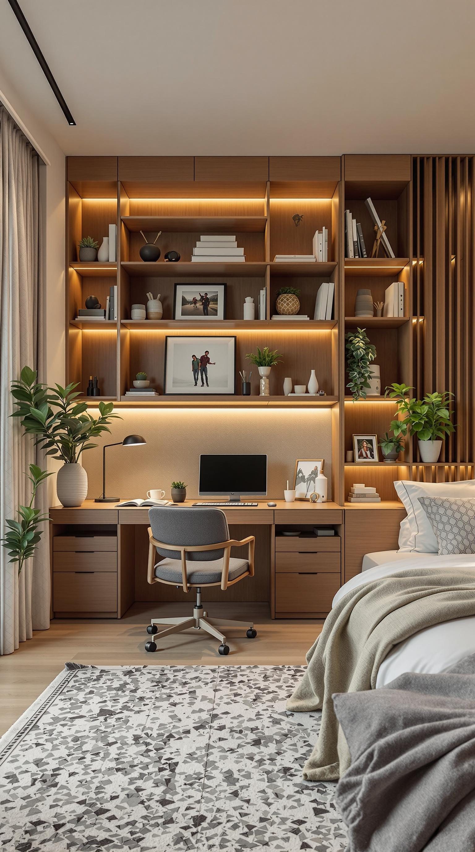 A stylish bedroom with a workspace, featuring wooden shelves, plants, and warm lighting.